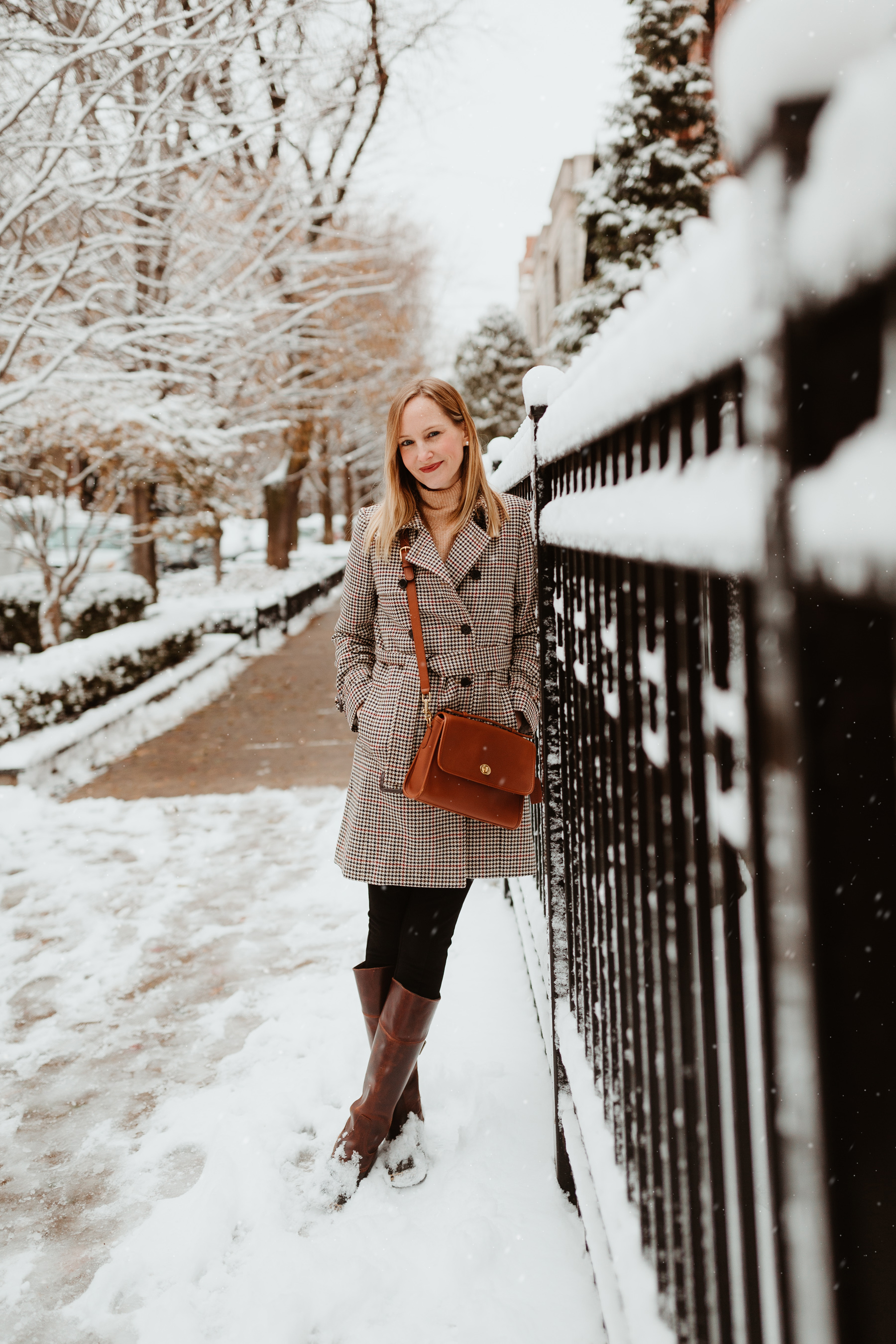 Coach Court Bag / Sorel Slimpack Riding Boots /J.Crew Icon Houndstooth Trench Coat in Italian Wool