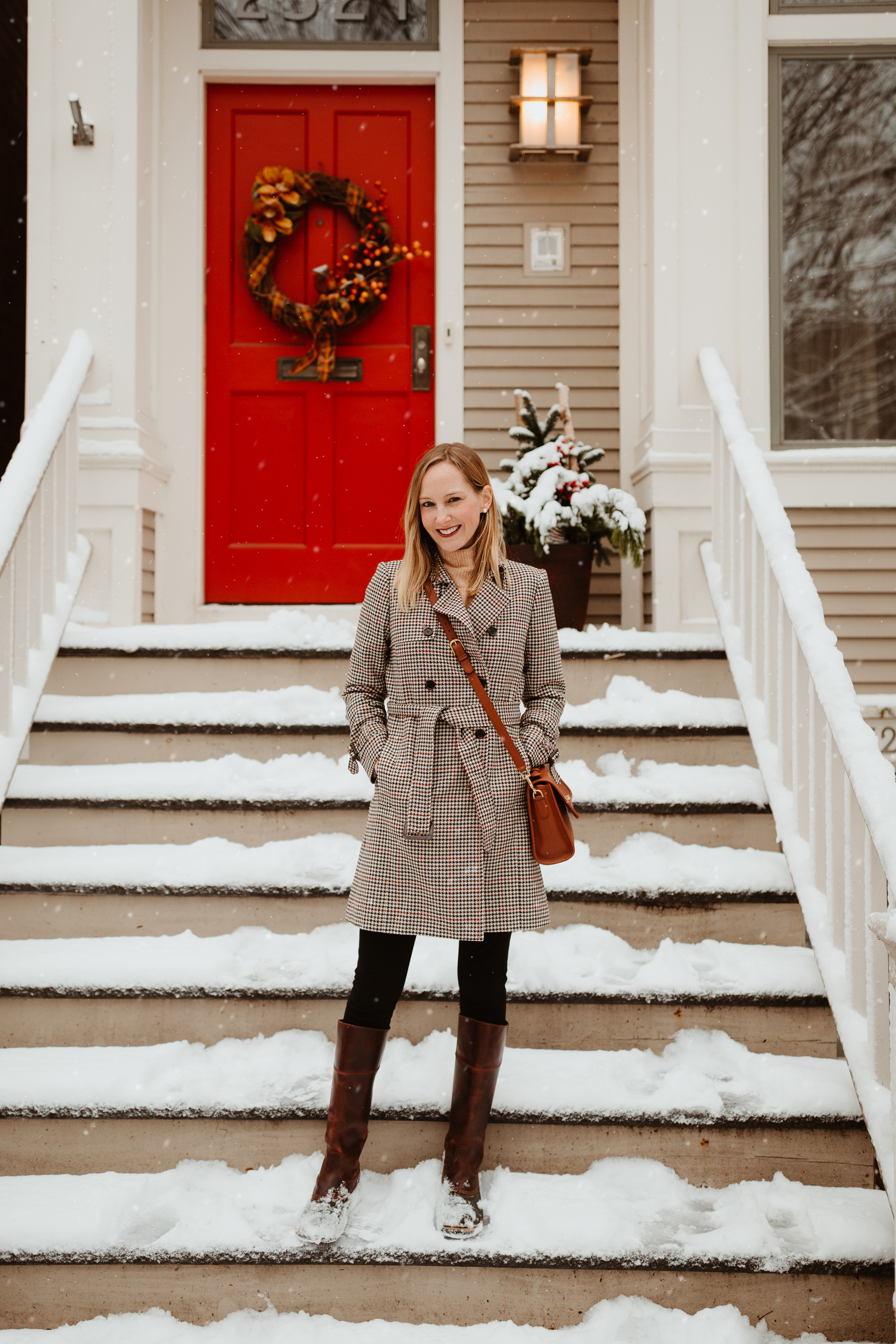 Coach Court Bag / Sorel Slimpack Riding Boots /J.Crew Icon Houndstooth Trench Coat in Italian Wool