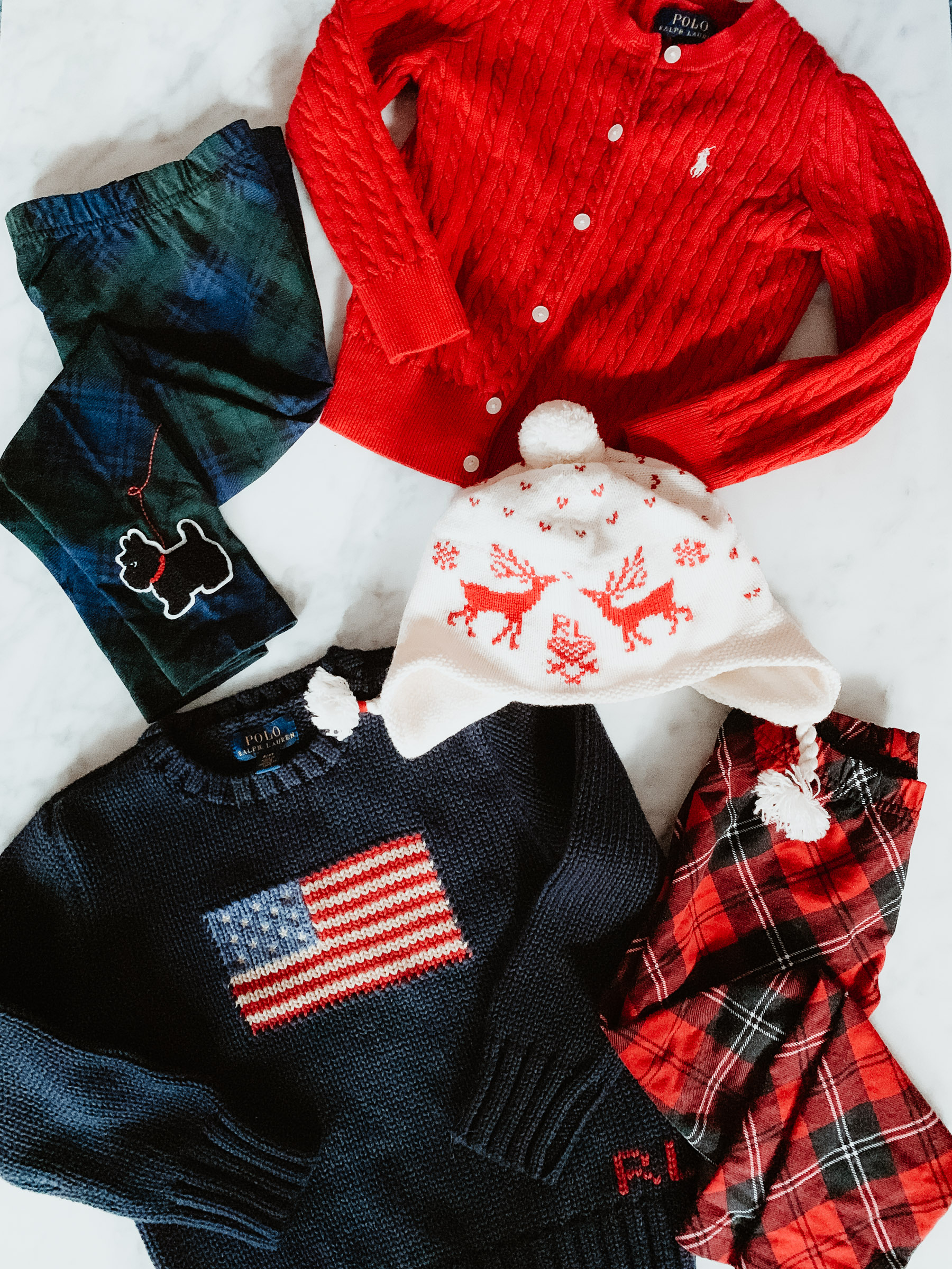 American Flag Sweater / Scottie Dog Plaid Leggings / Red Cardigan / Hat / Red Plaid Leggings all c/o