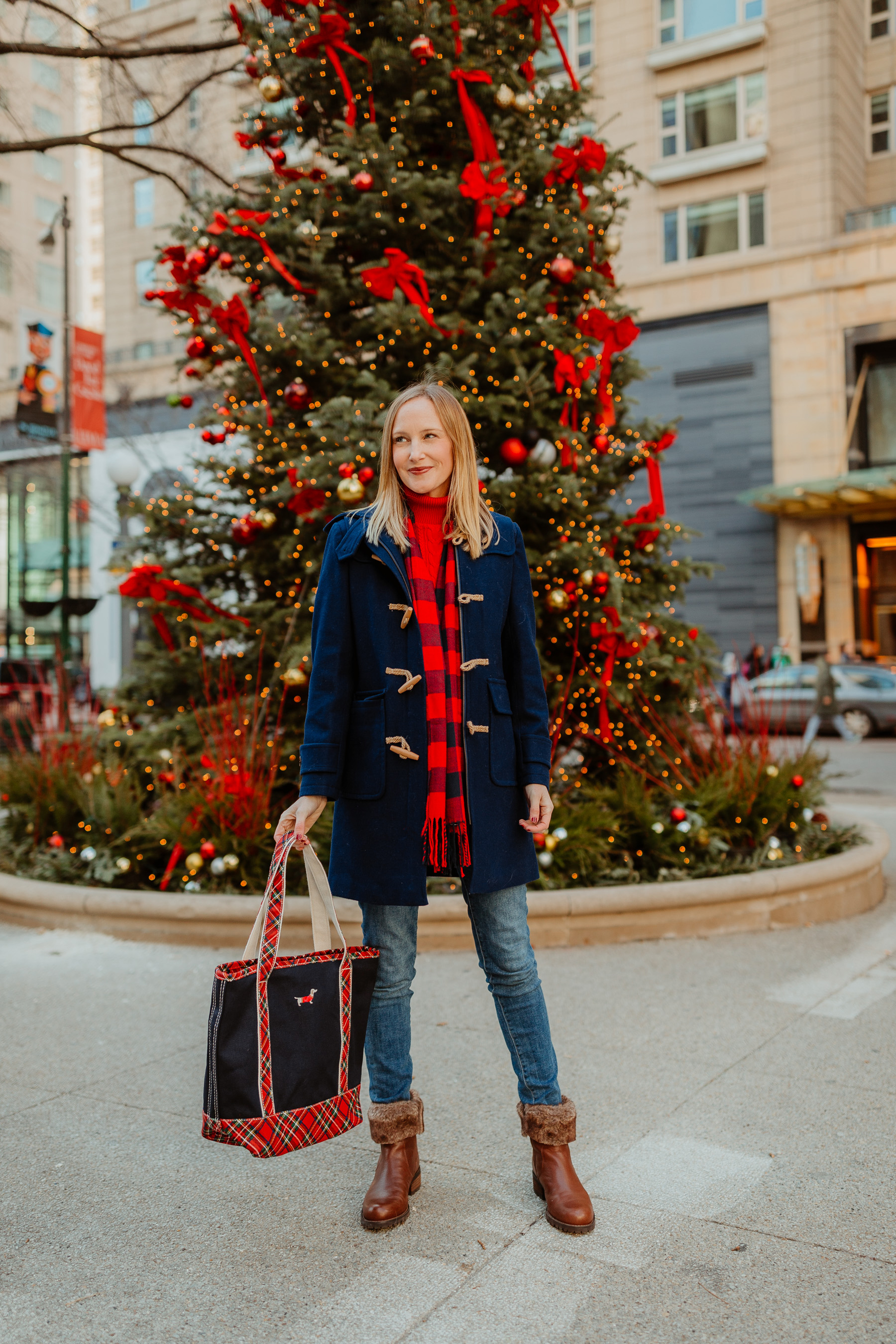 Navy Duffle Coat (On sale!)/ Cable-Knit Turtleneck Sweater / Fur Booties / Buffalo Plaid Scarf / Lands’ End Plaid Dachshund Tote c/o / Skinny Jeans (I’m wearing the maternity version, though.)