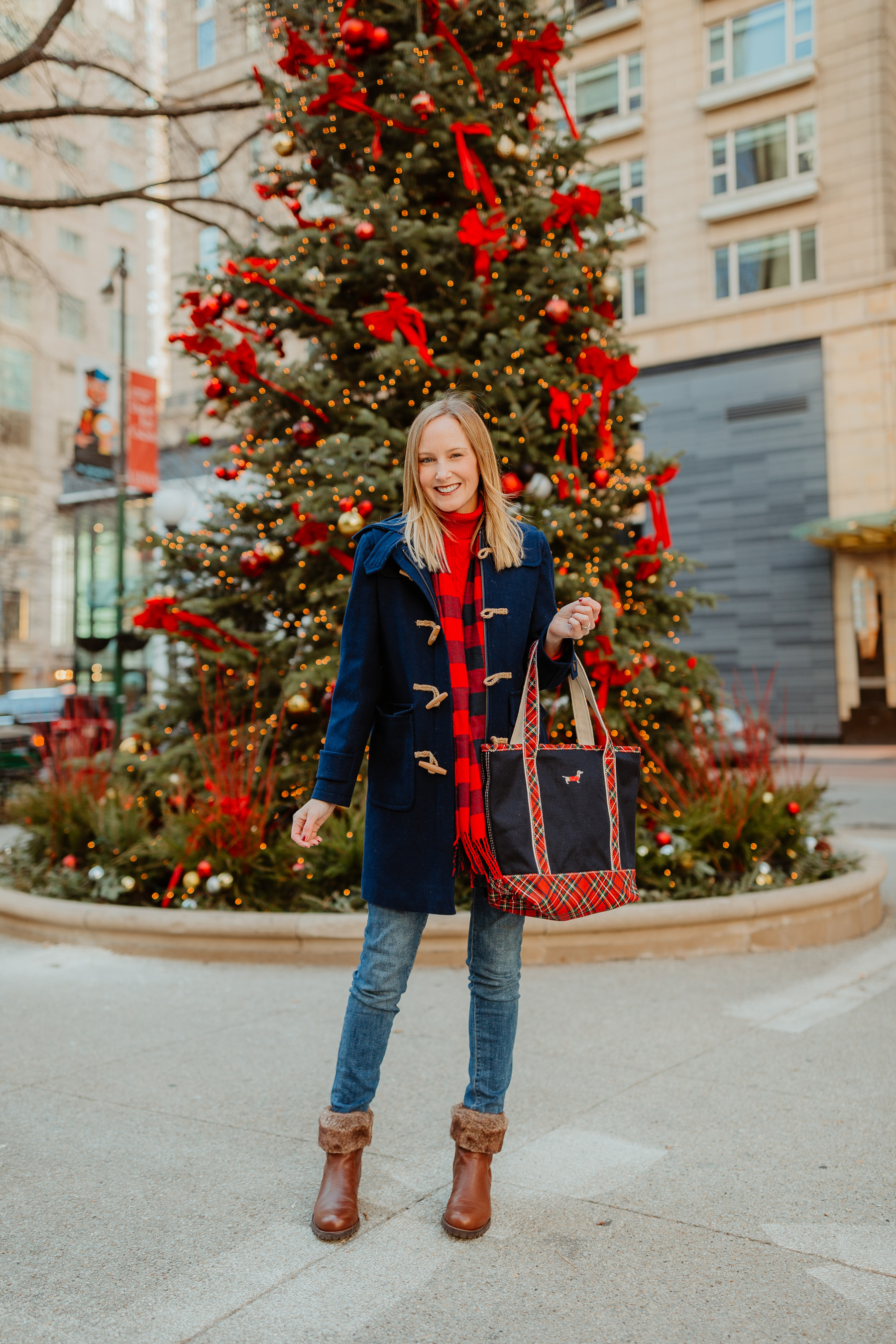 Navy Duffle Coat (On sale!)/ Cable-Knit Turtleneck Sweater / Fur Booties / Buffalo Plaid Scarf / Lands’ End Plaid Dachshund Tote c/o / Skinny Jeans (I’m wearing the maternity version, though.) - Kelly in the City