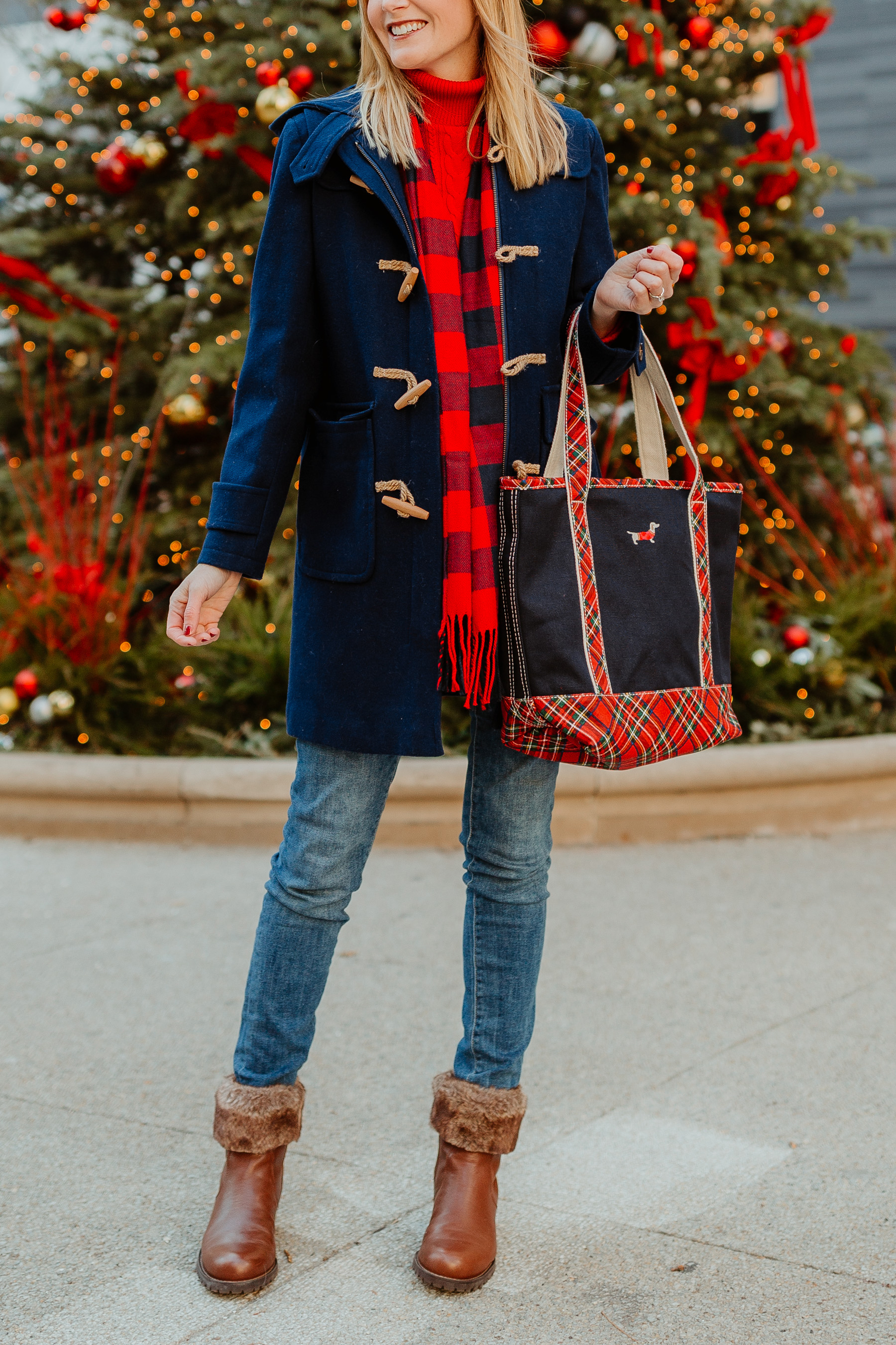 Navy Duffle Coat (On sale!)/ Cable-Knit Turtleneck Sweater / Fur Booties / Buffalo Plaid Scarf / Lands’ End Plaid Dachshund Tote c/o / Skinny Jeans (I’m wearing the maternity version, though.) - Kelly Larkin