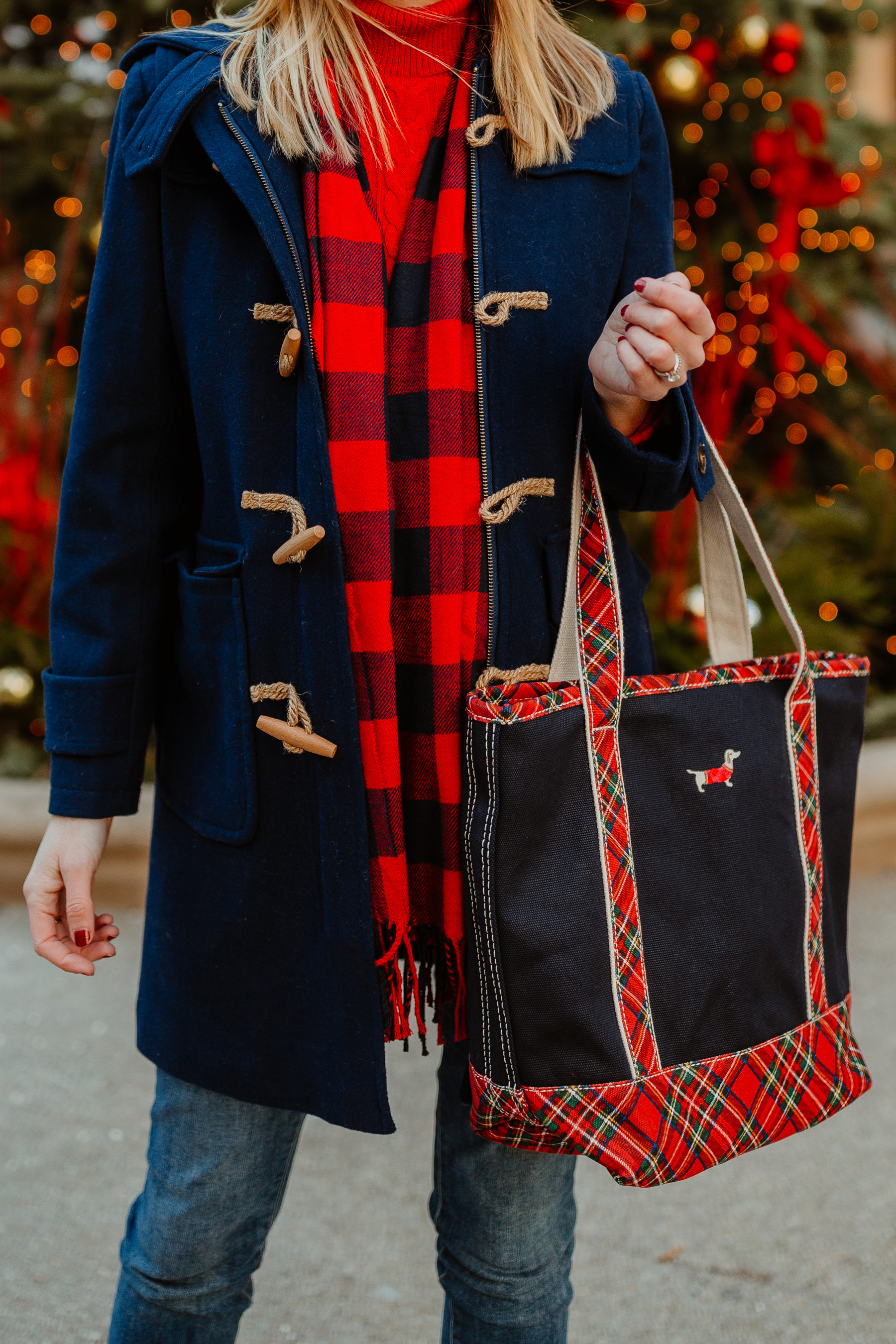 Navy Duffle Coat (On sale!)/ Cable-Knit Turtleneck Sweater / Buffalo Plaid Scarf / Lands’ End Plaid Dachshund Tote c/o / Skinny Jeans (I’m wearing the maternity version, though.)