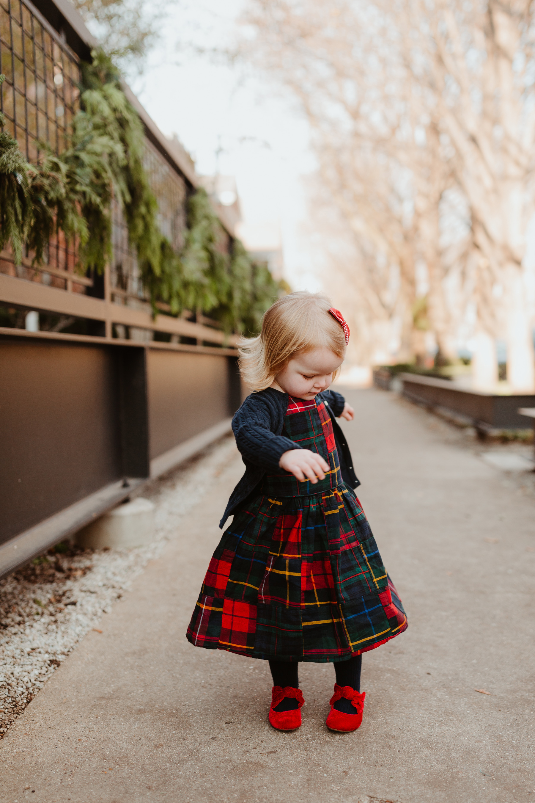 Emma is wearing a Plaid Dress / red shoes / navy cardigan - Polo Ralph Lauren