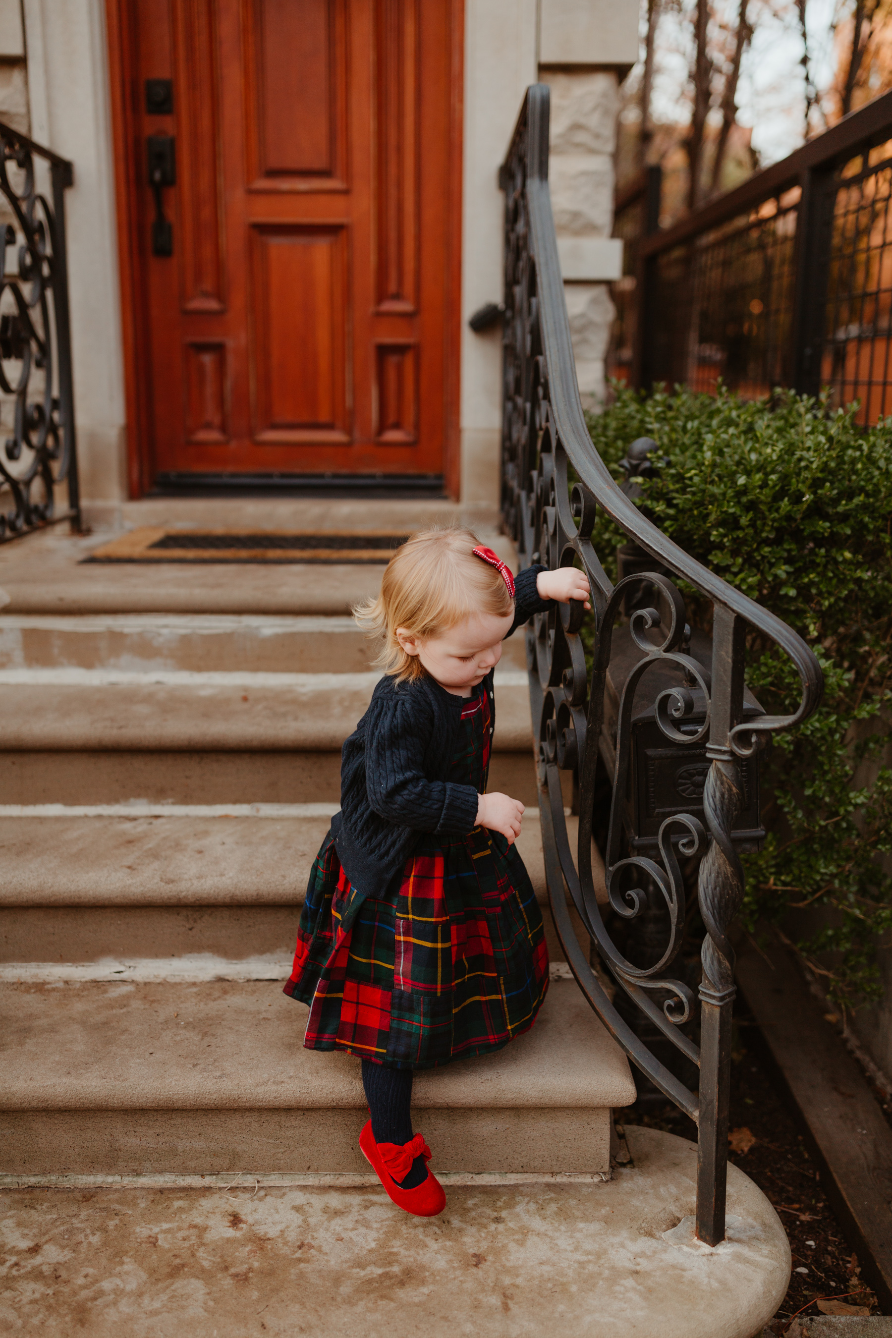 Plaid Dress (This is just the cutest, too! More holiday looks here.) / red shoes / navy cardigan