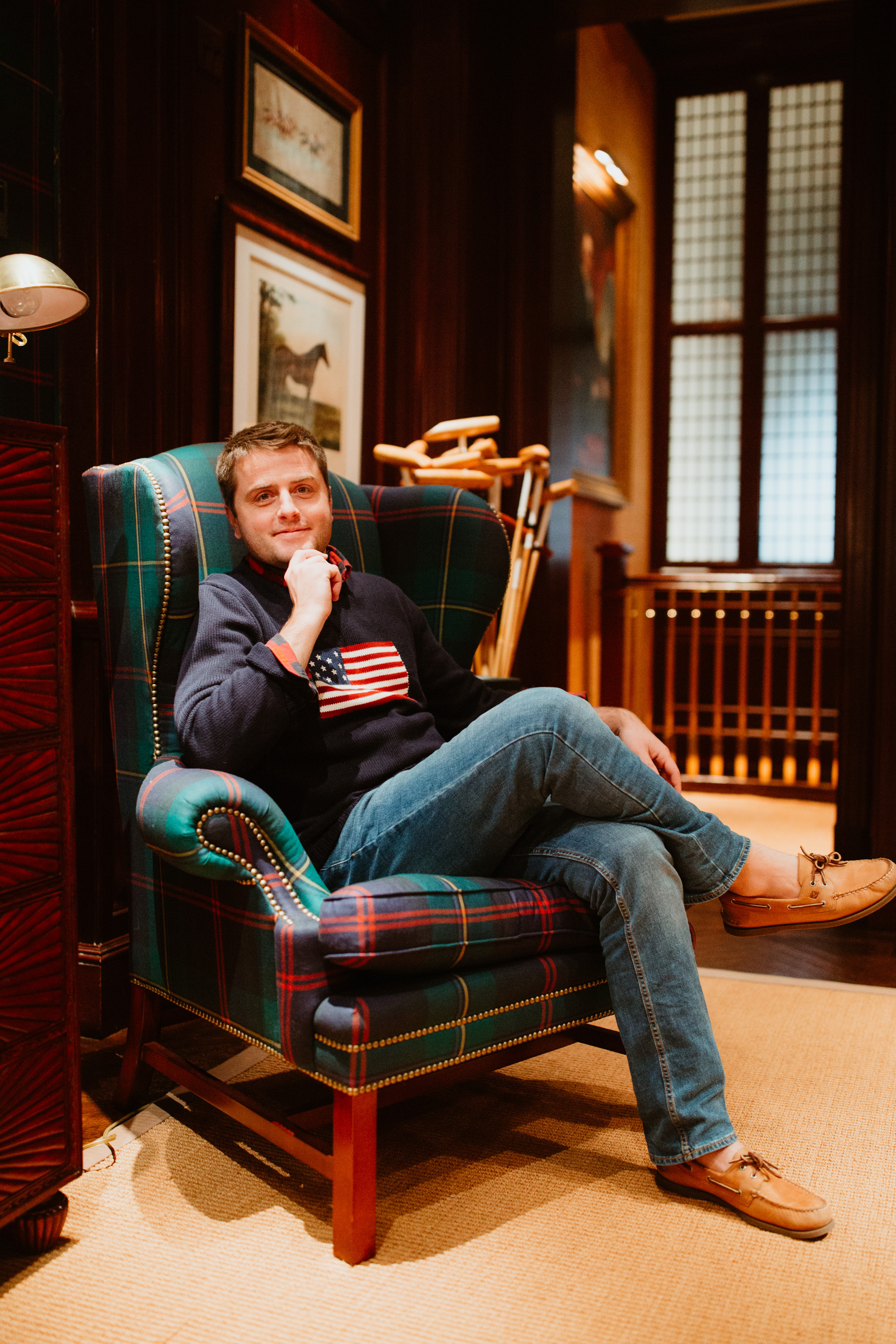 Mitch's Outfit: Ralph Lauren American Flag Sweater and Duffle Coat c/o