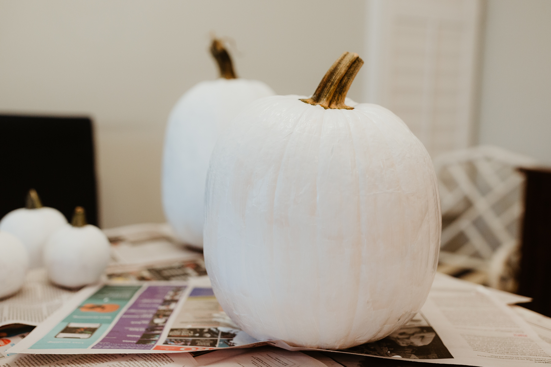 Buffalo plaid pumpkin: Start by painting the pumpkin white. We used acrylic paint we found on Amazon.