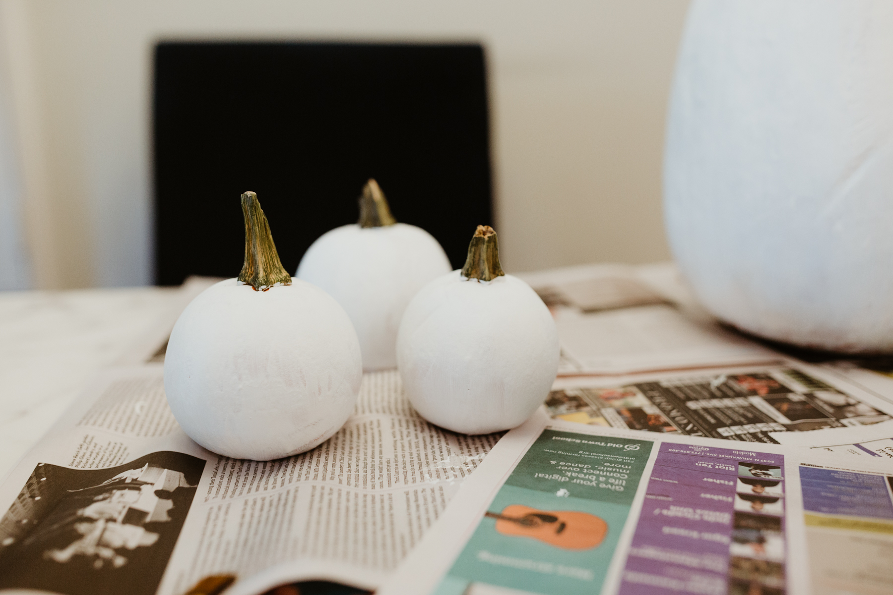 Snowman pumpkin: Start by painting the pumpkin white. We used acrylic paint we found on Amazon.