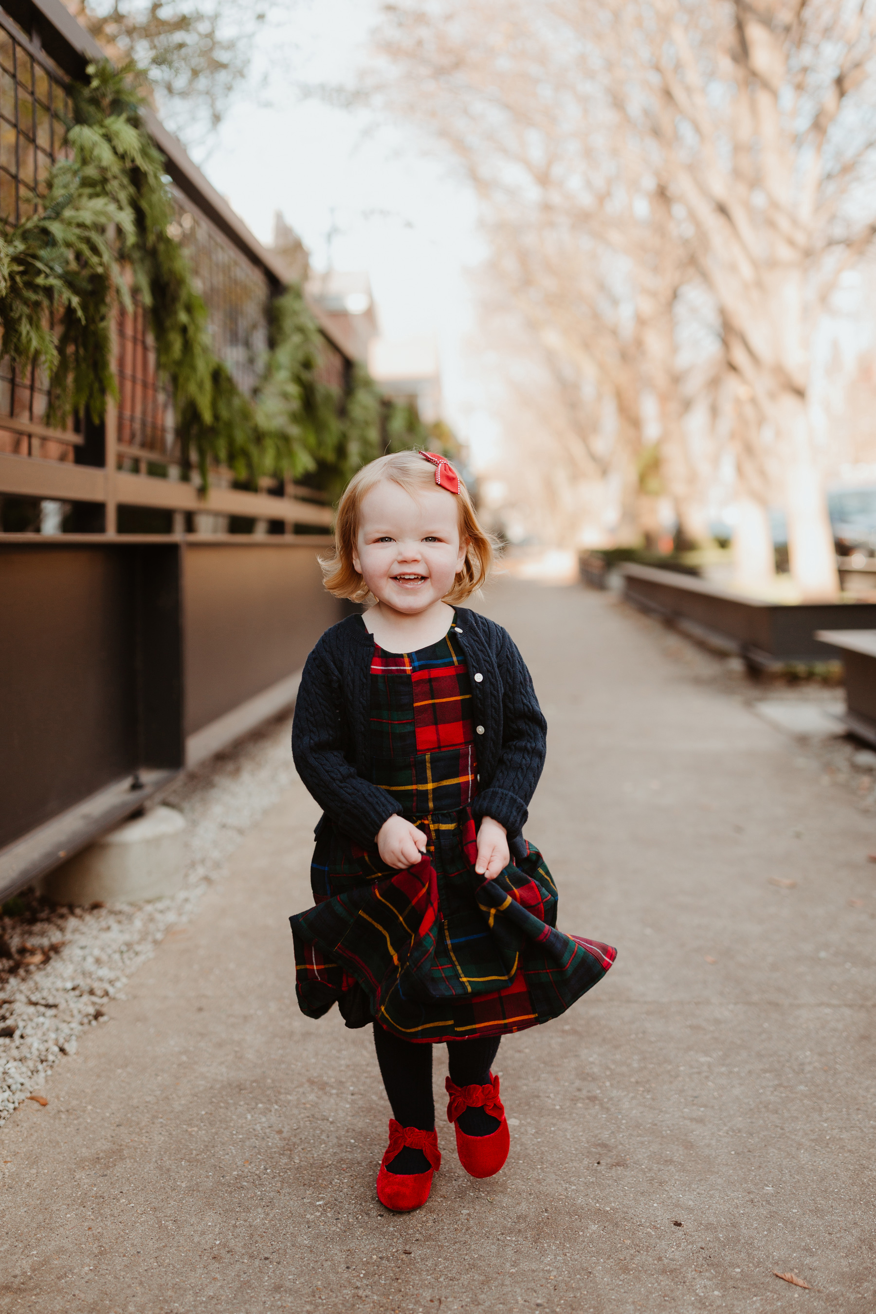 Plaid Dress (This is just the cutest, too! More holiday looks here.) / red shoes / navy cardigan