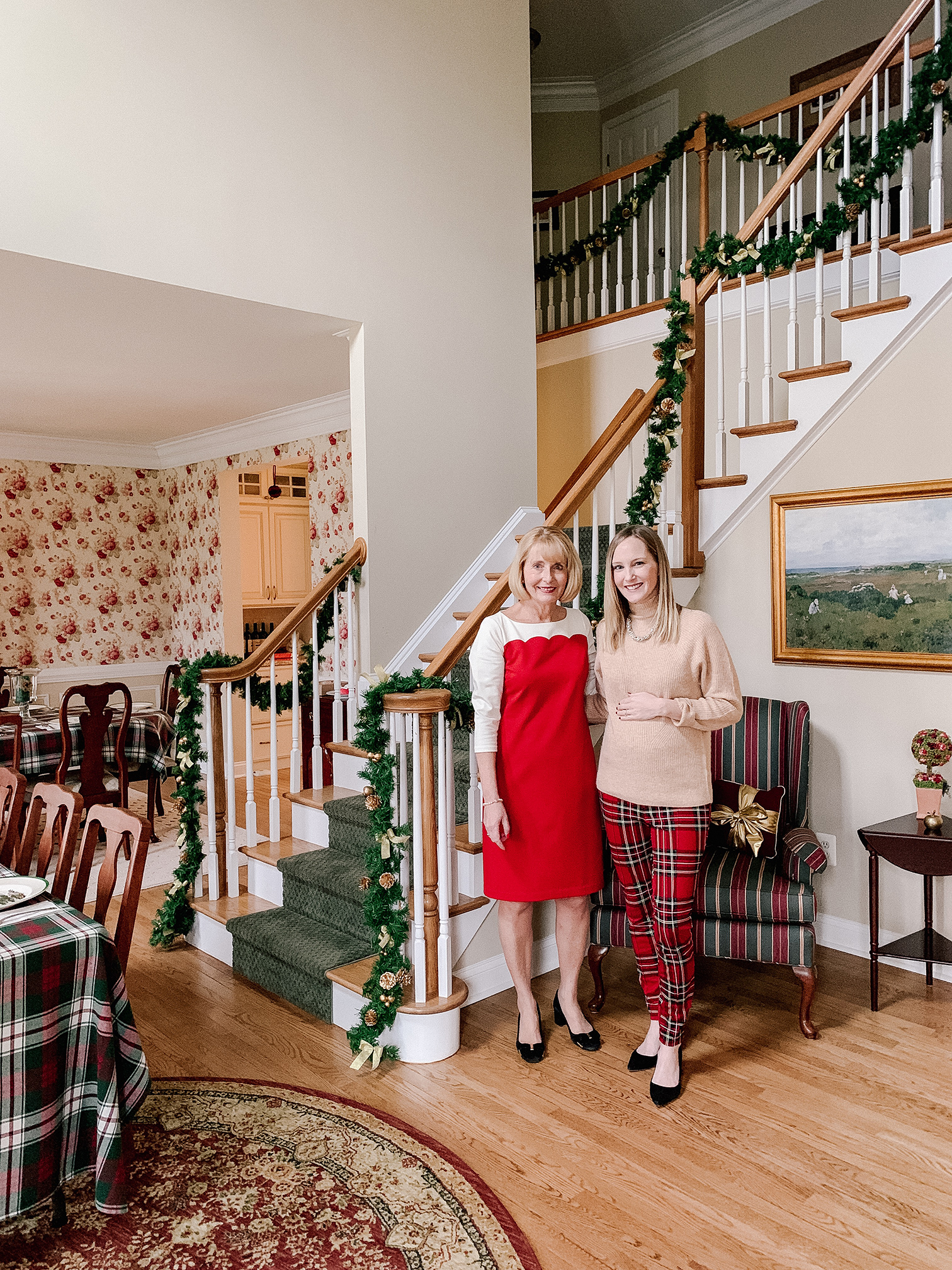 Mom's Scalloped Dress (Sold out, but so many great newer ones here!) / Mom's Michael Kors Bow Pumps (But Nordstrom has an amazing selection of bow pumps right now!) / Tartan Leggings / Cozy Turtleneck Sweater / Similar Sparkly Necklace / Newer Version of my Kate Spade Pumps (Black is available at Bloomies.)