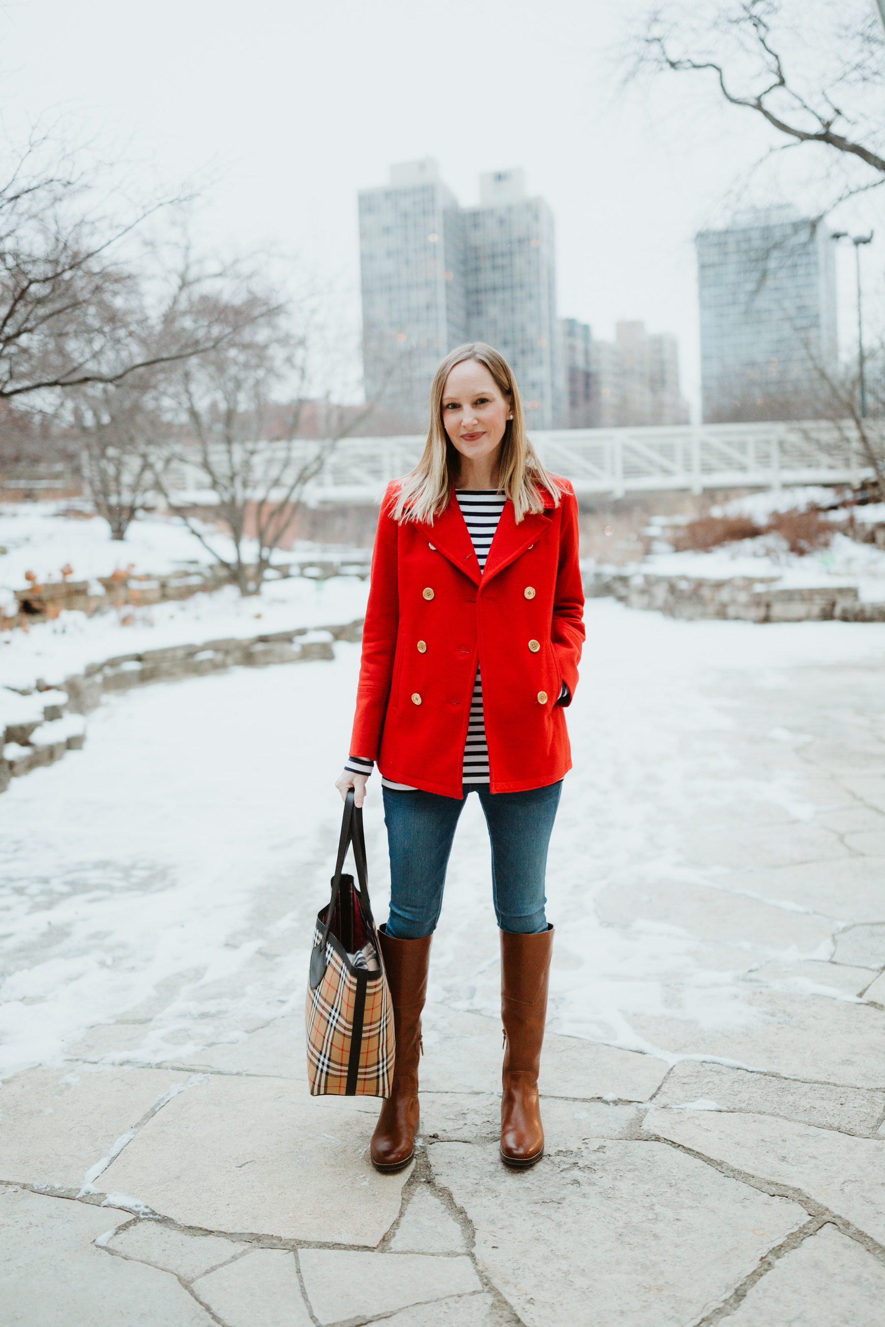 red peacoat outfit