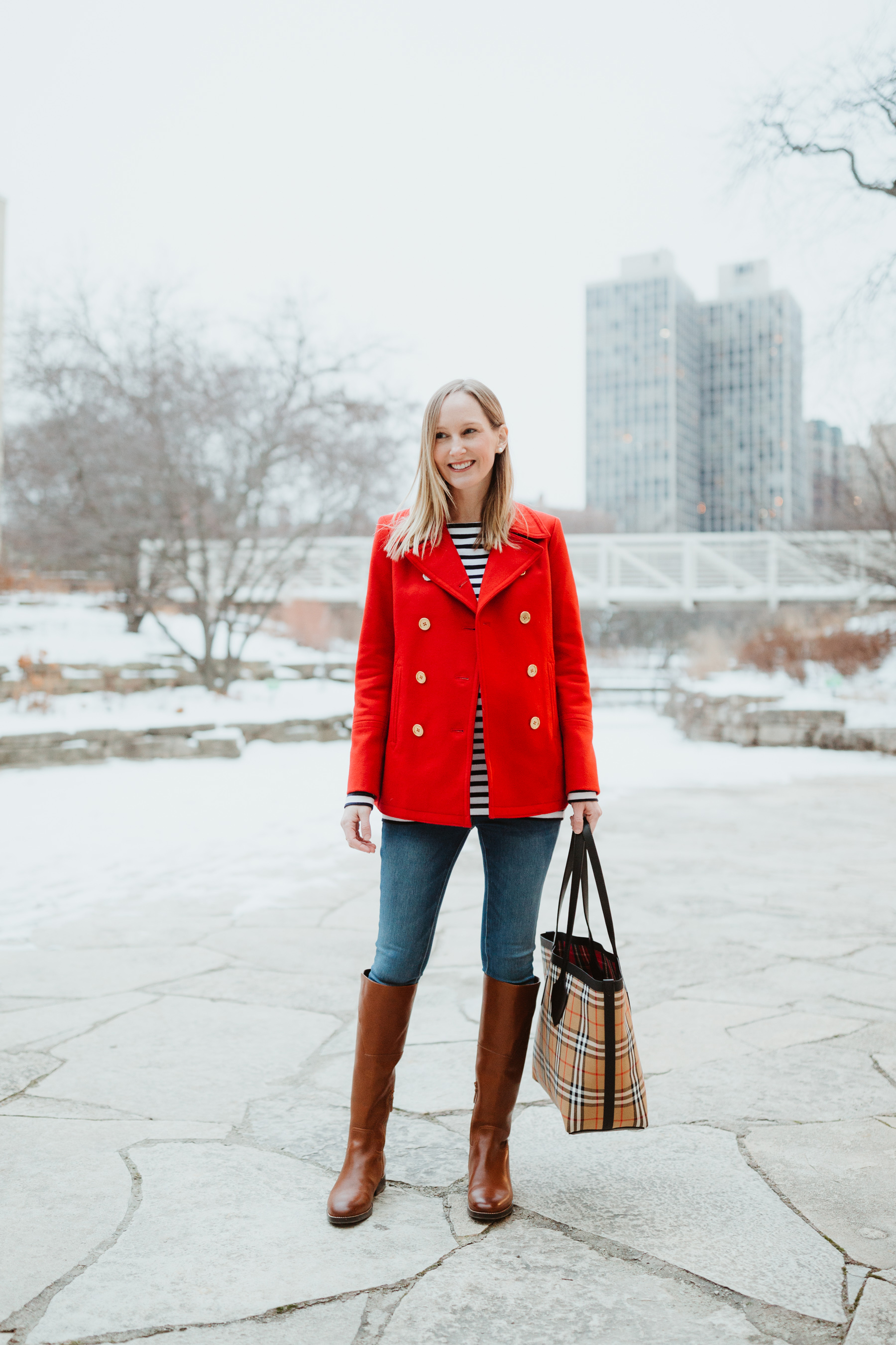 red peacoat outfit