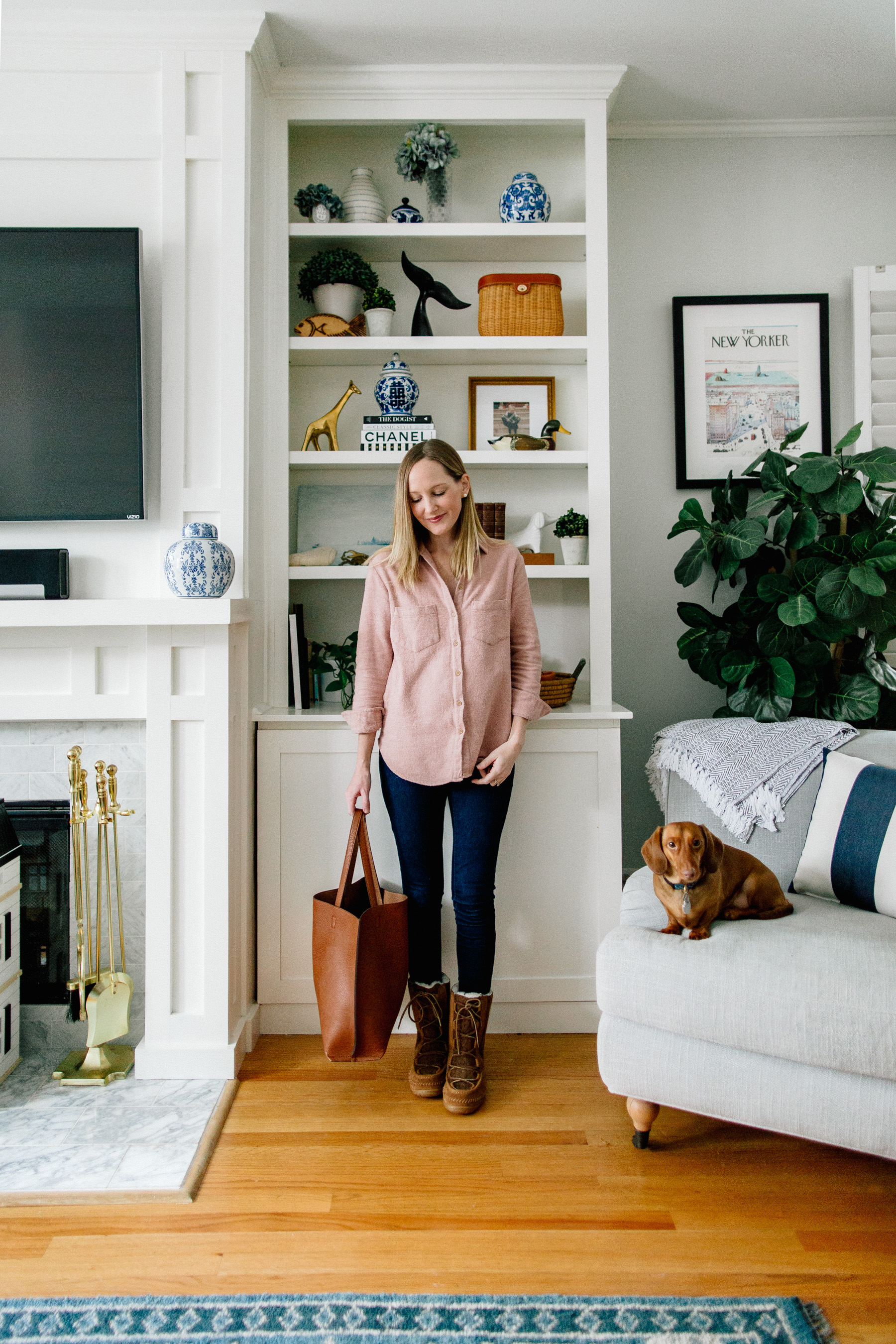 Madewell Sunday Shirt (Under $55 with code "REALDEAL" today! It's sometimes available at Nordstrom, too.) / L.L. Bean Wicked Good Lodge Boots (Also available in leather.) / Old Navy Rockstar Maternity Jeans 