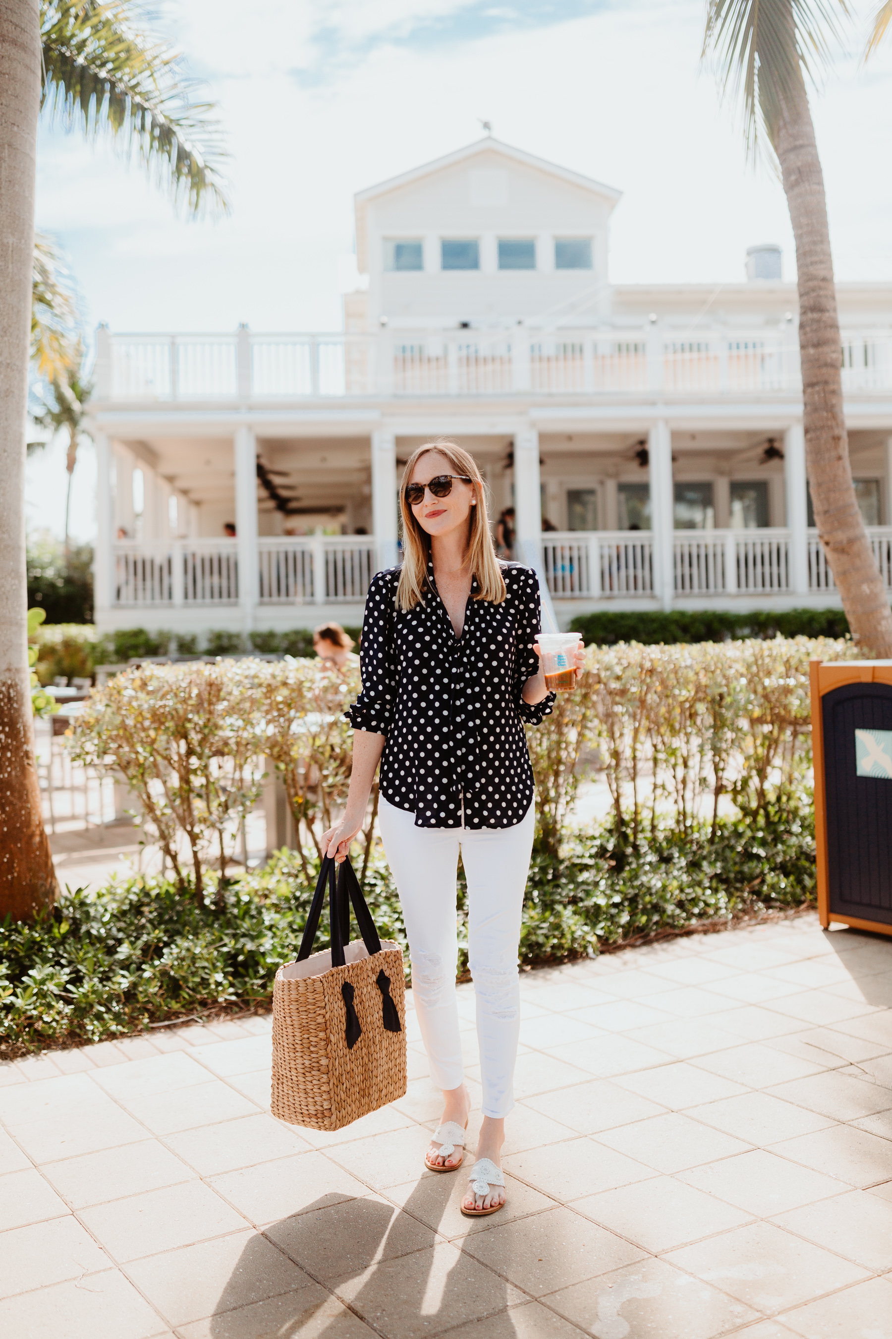 Kelly's Outfit: J.Crew Navy Polka Dot Top / Pamela Munson Woven Tote / Jack Rogers / J Brand Maternity Ankle Jeans 