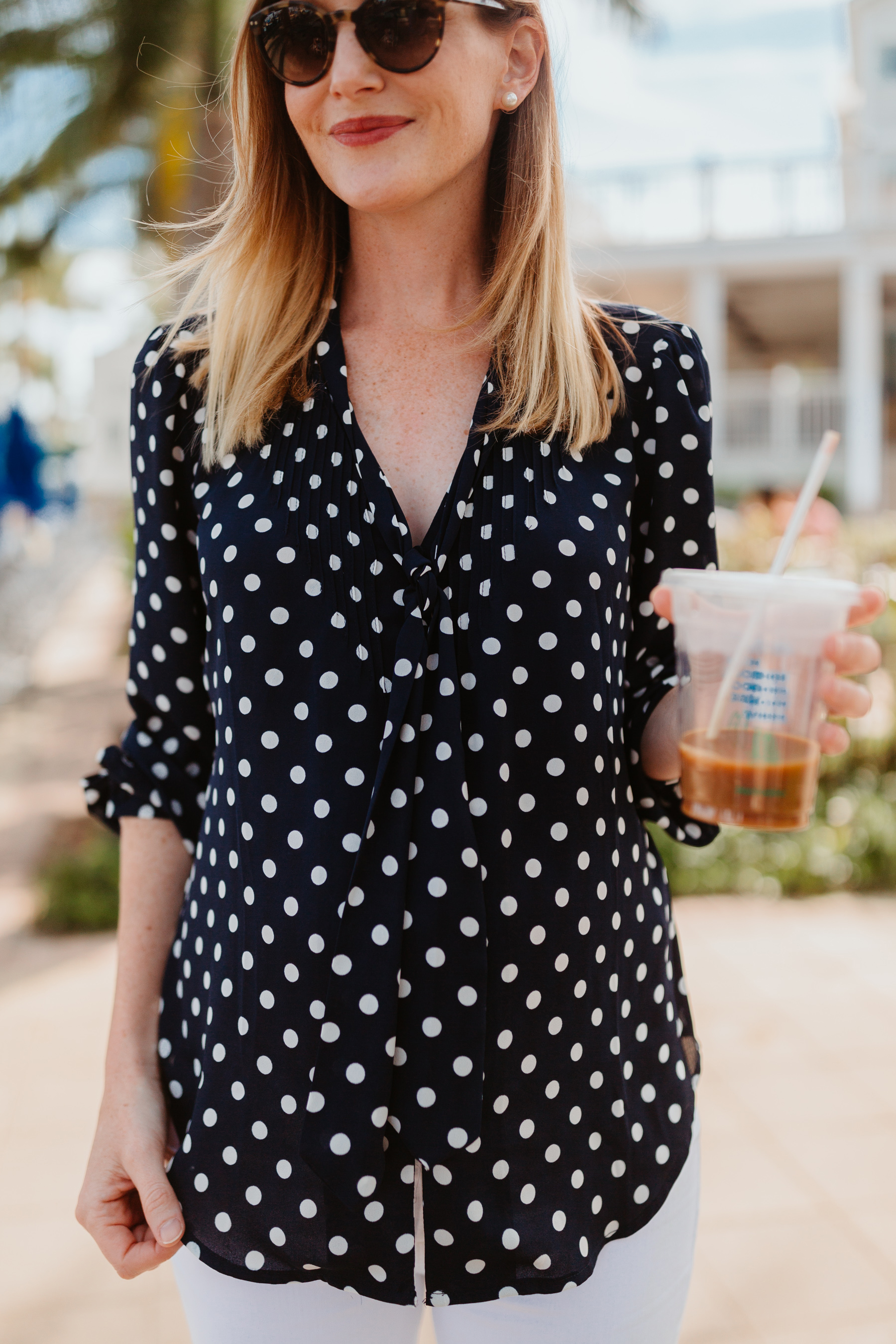 Kelly Larkin Outfit Details: J.Crew Navy Polka Dot Top / J Brand Maternity Ankle Jeans 