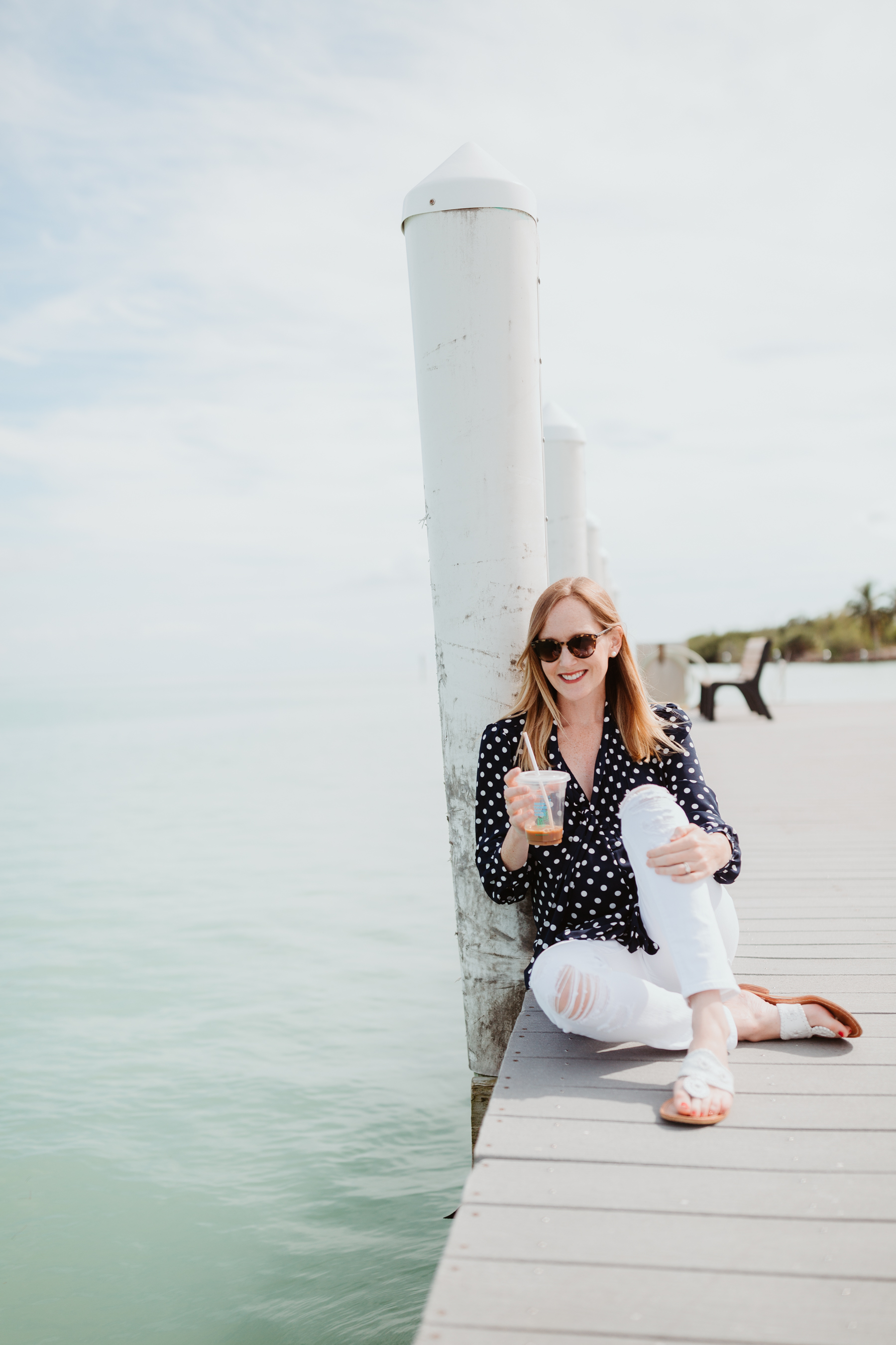 Kelly's Outfit: J.Crew Navy Polka Dot Top / Jack Rogers / J Brand Maternity Ankle Jeans 