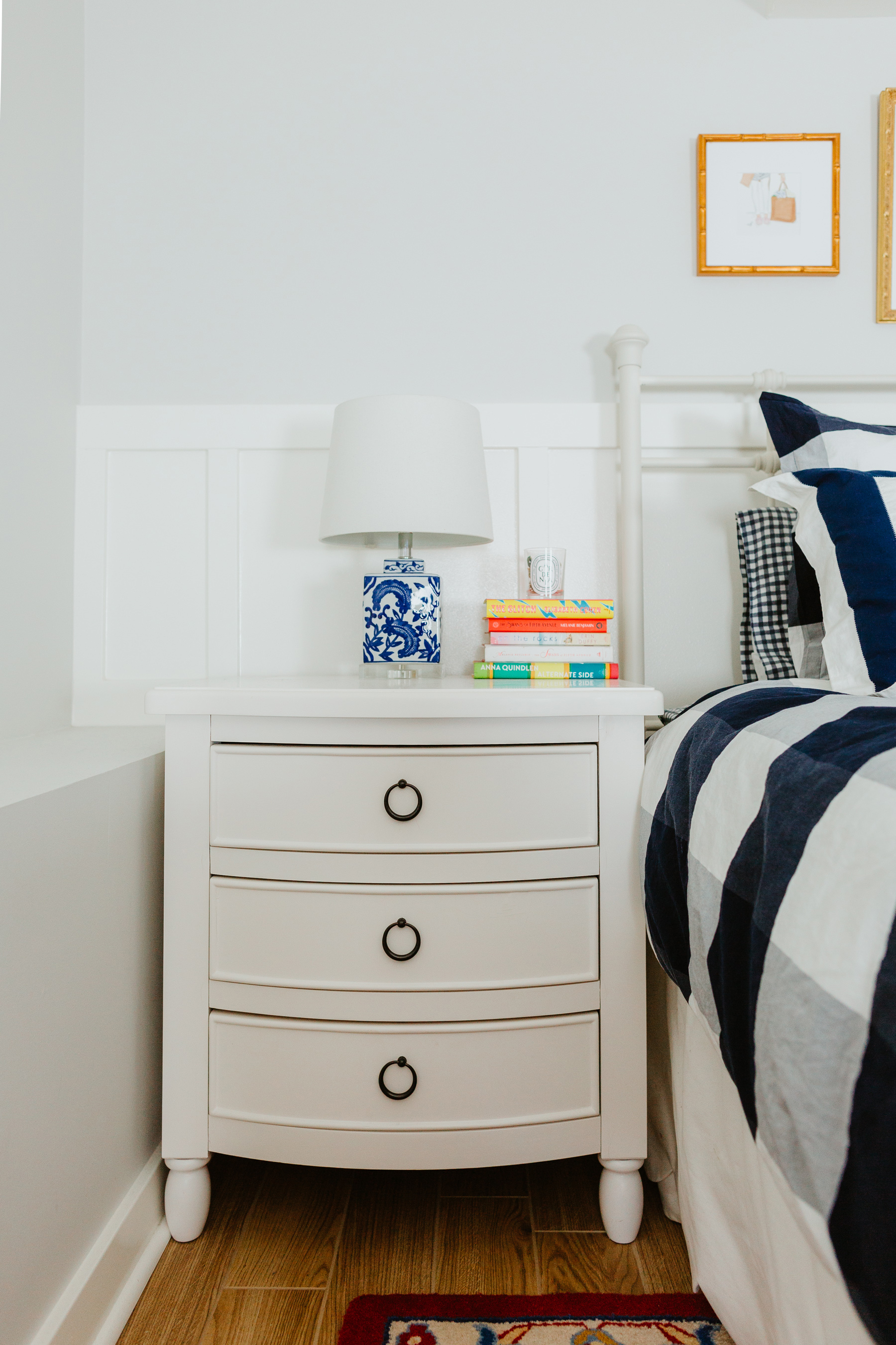 White Nightstand / Gingham Duvet Cover, Shams and Sheets