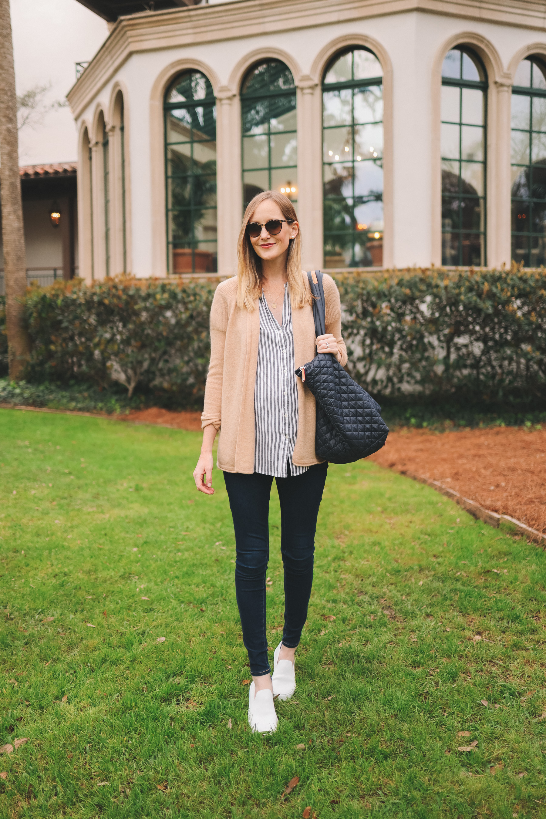 Kelly outfit details: Rothys Slip-On Sneaker Review / Old Navy Rockstar Jeans / Gap Striped Top / Lilly Pulitzer Cashmere Cardigan c/o