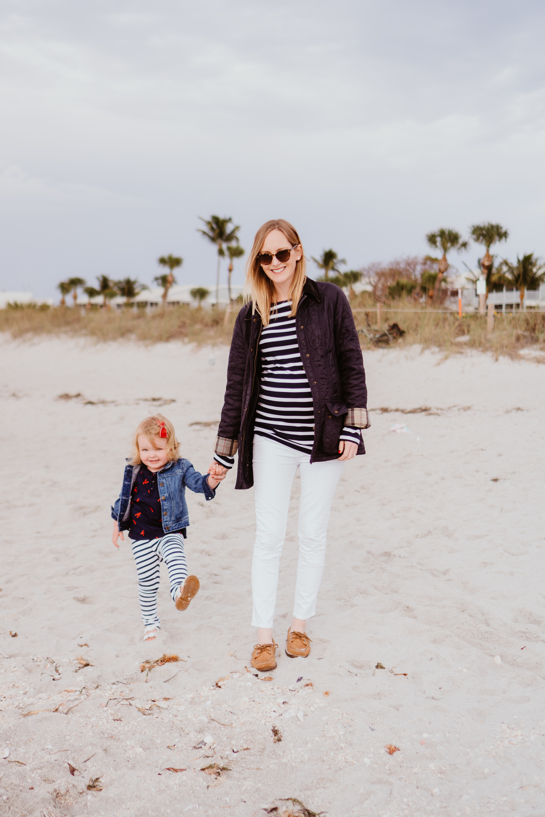 White Skinny Maternity Jeans / Striped Tee (Maternity version here.) / Barbour Jacket / Sperry Boat Shoes / Emma's Outfit Details here