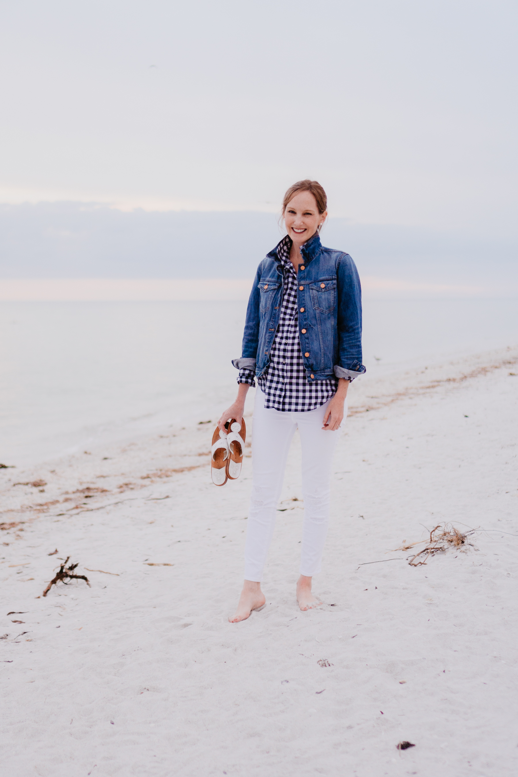 J.Crew Denim Jacket / White Skinny Maternity Jeans / Gingham Button-Down Shirt / Jack Rogers Sandals