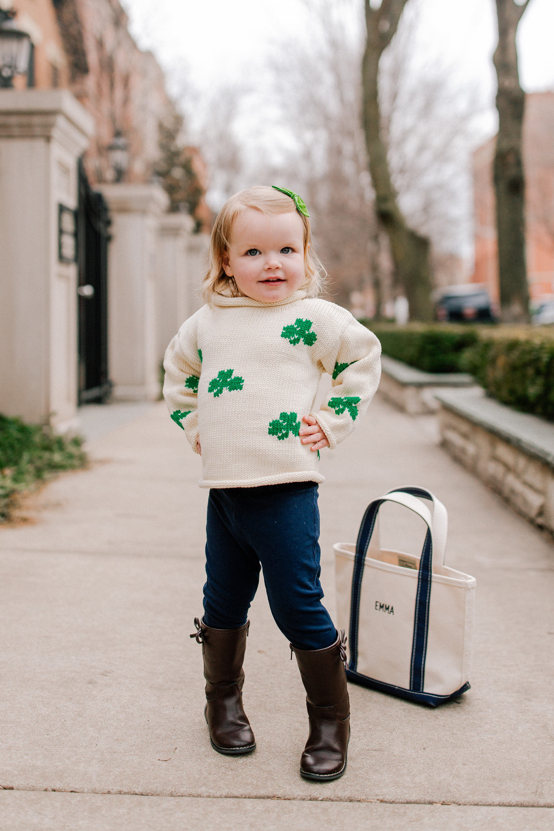 Emma's Outfit: Claver Shamrock Sweater / L.L. Bean Tote c/o / Gap Kids Jeggings and Boots / Little Makes Big Bow c/o