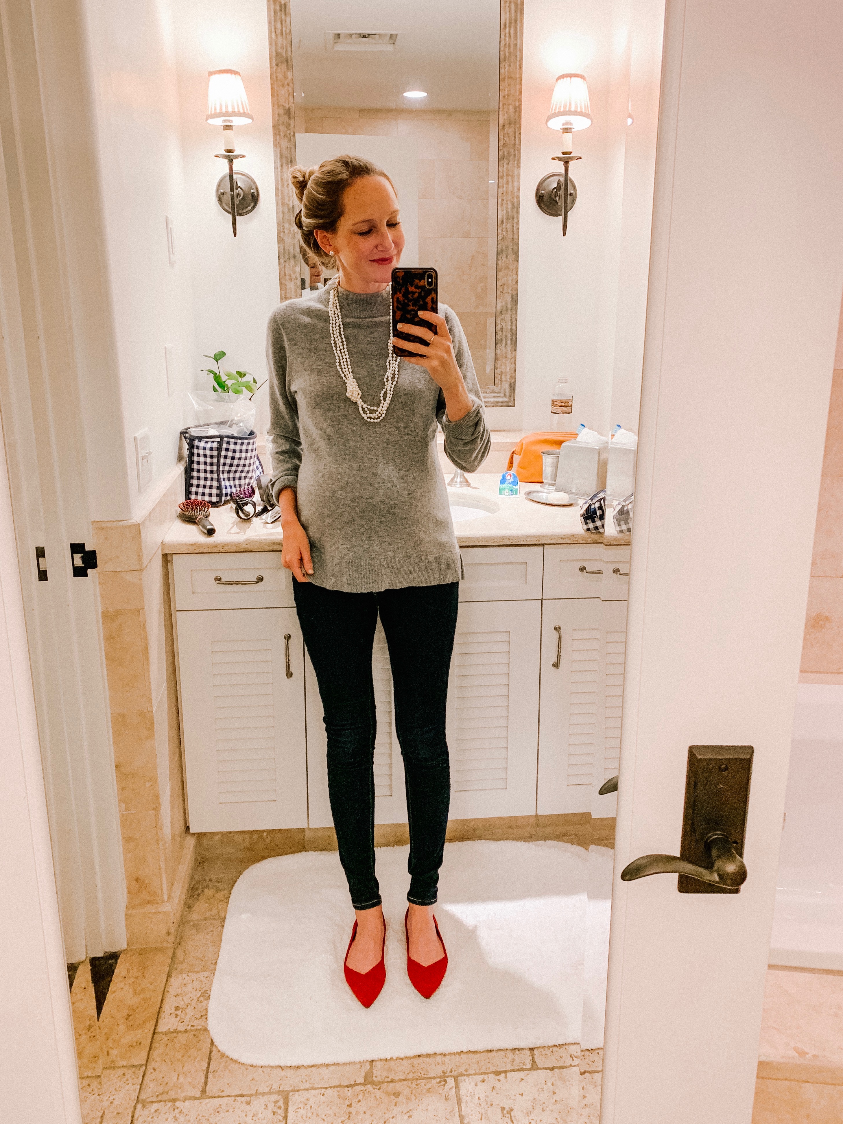 Gray sweater, black leggings and red flats