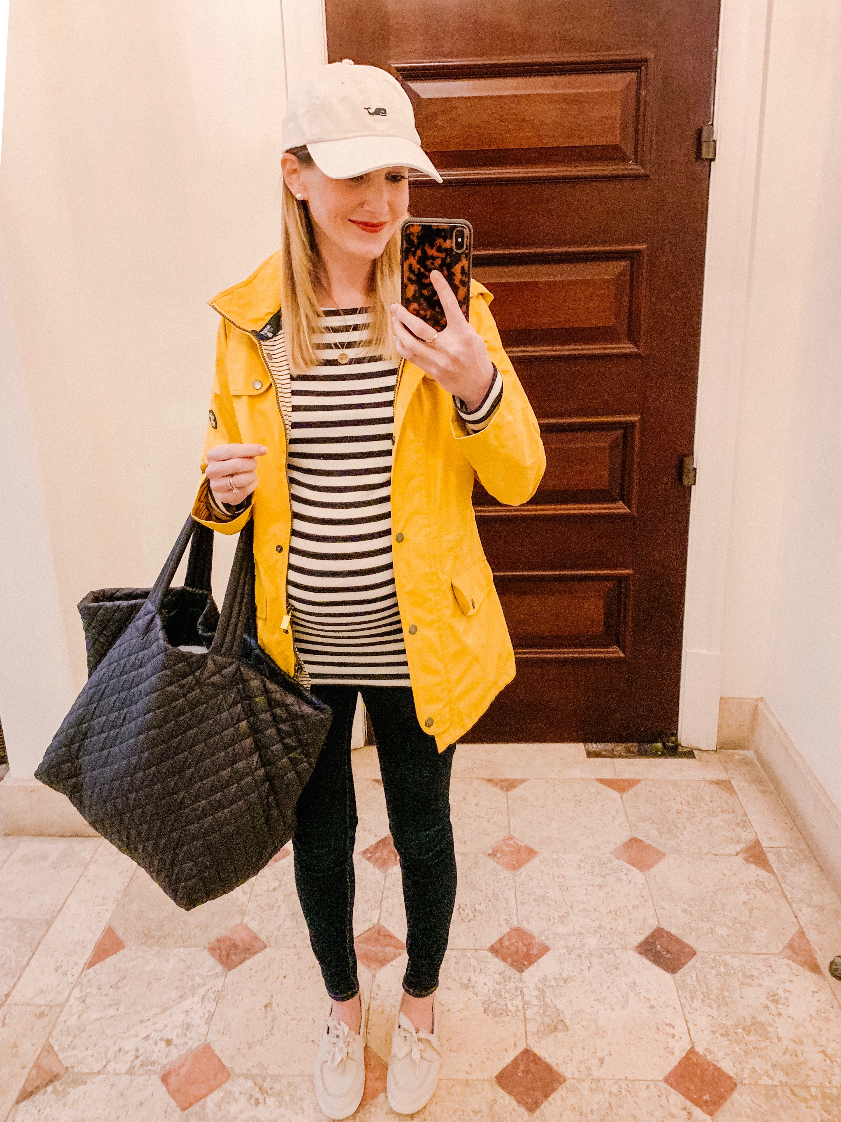 Outfit details: Coast Waterproof Hooded Jacket JOULES | striped blouse and leggings.