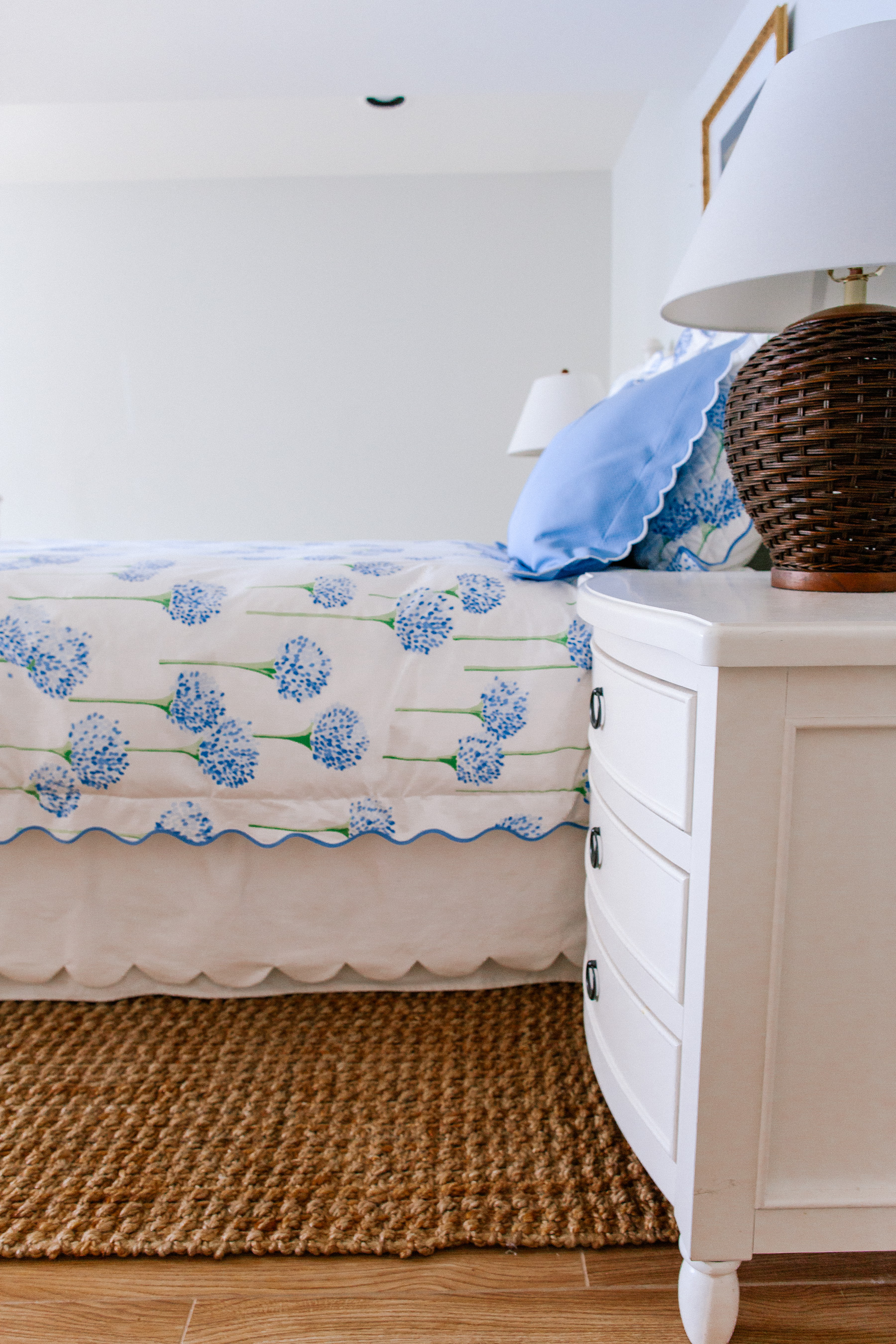 Matouk Scallope Shams, Hydrangea/Allium Duvet Cover, and Hydrangea/Allium Euro Shams by Kelly in the City