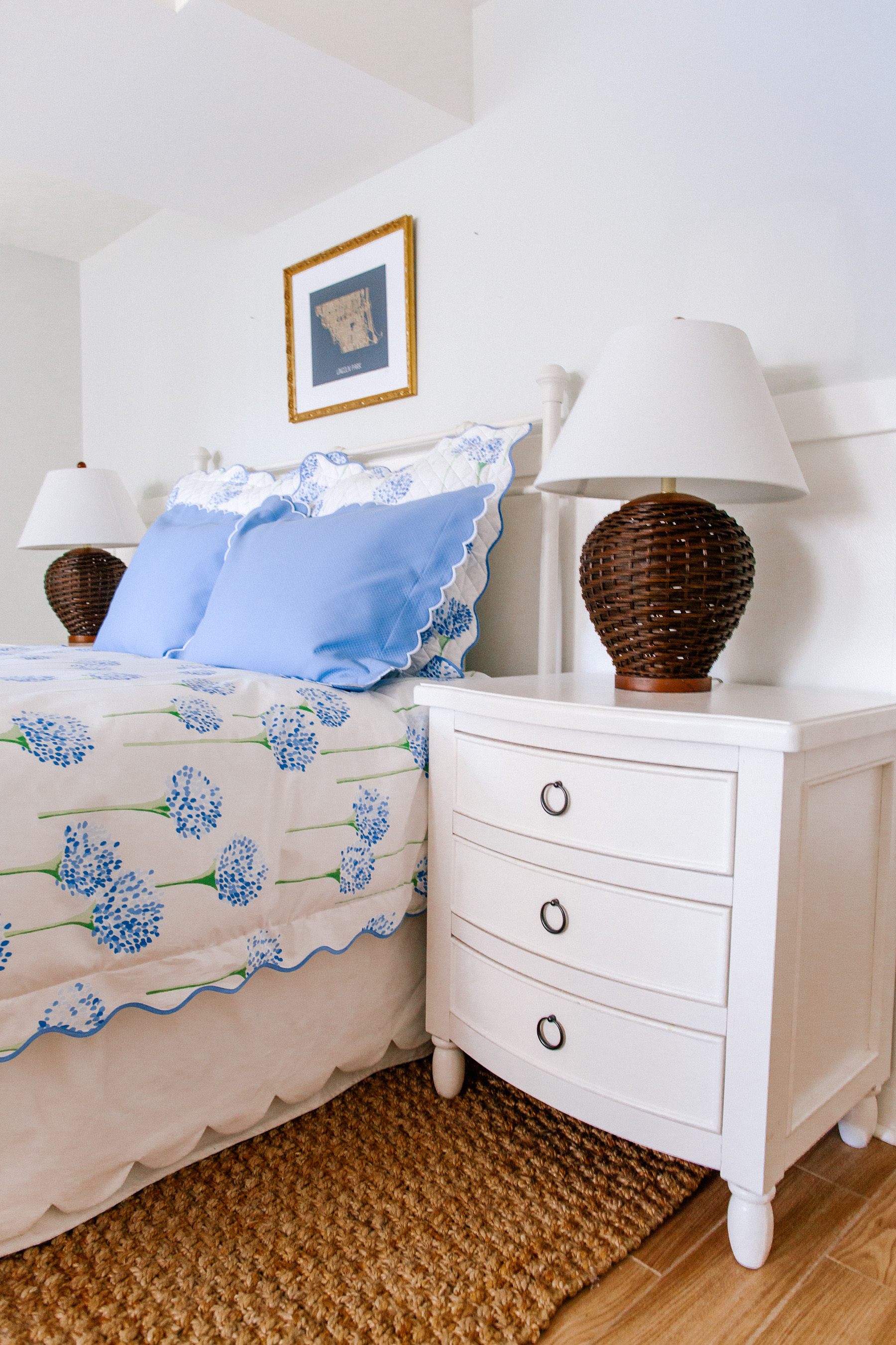 Matouk Scallope Shams, Hydrangea/Allium Duvet Cover, and Hydrangea/Allium Euro Shams