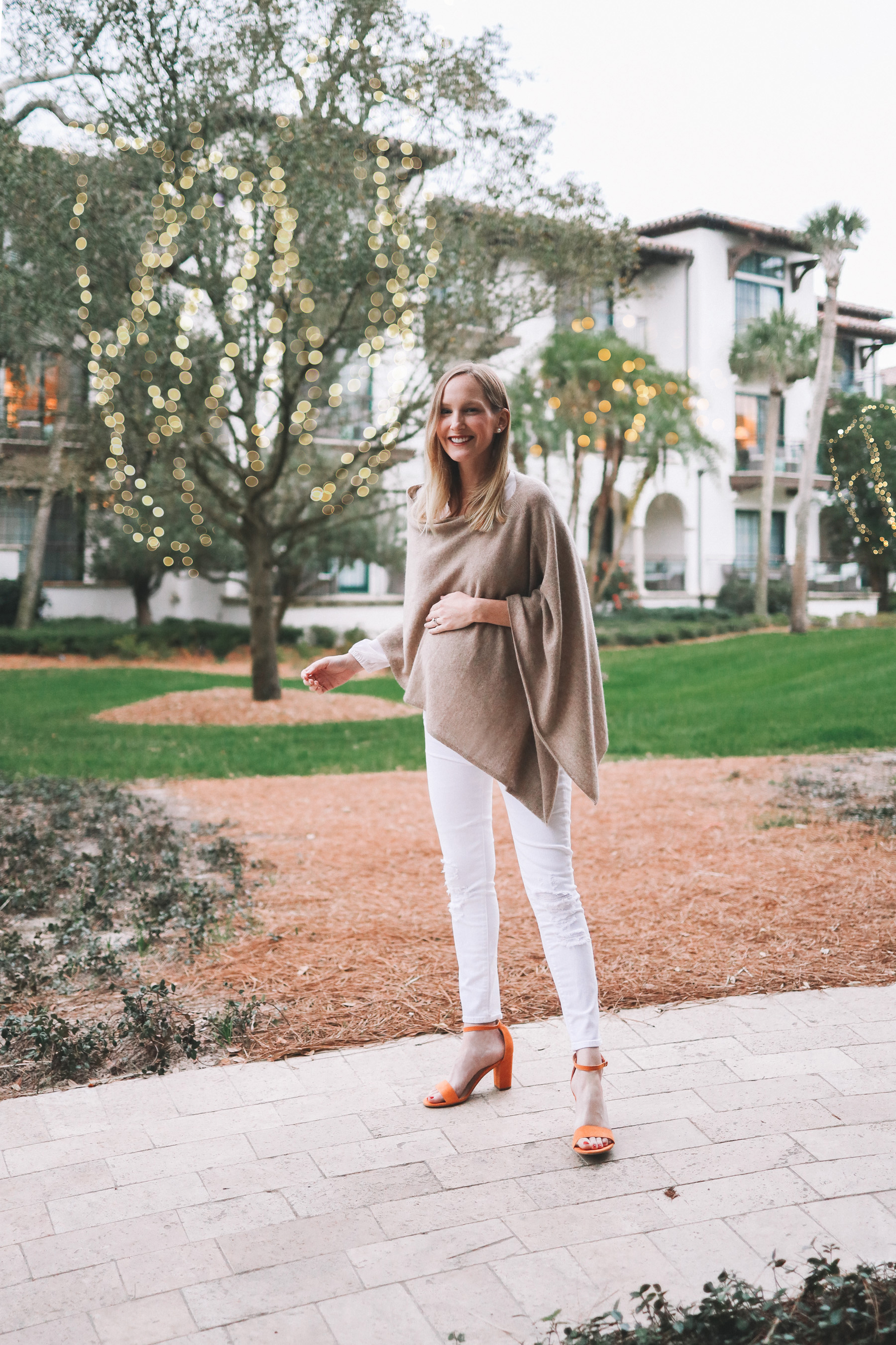 cashmere wrap and white jeans
