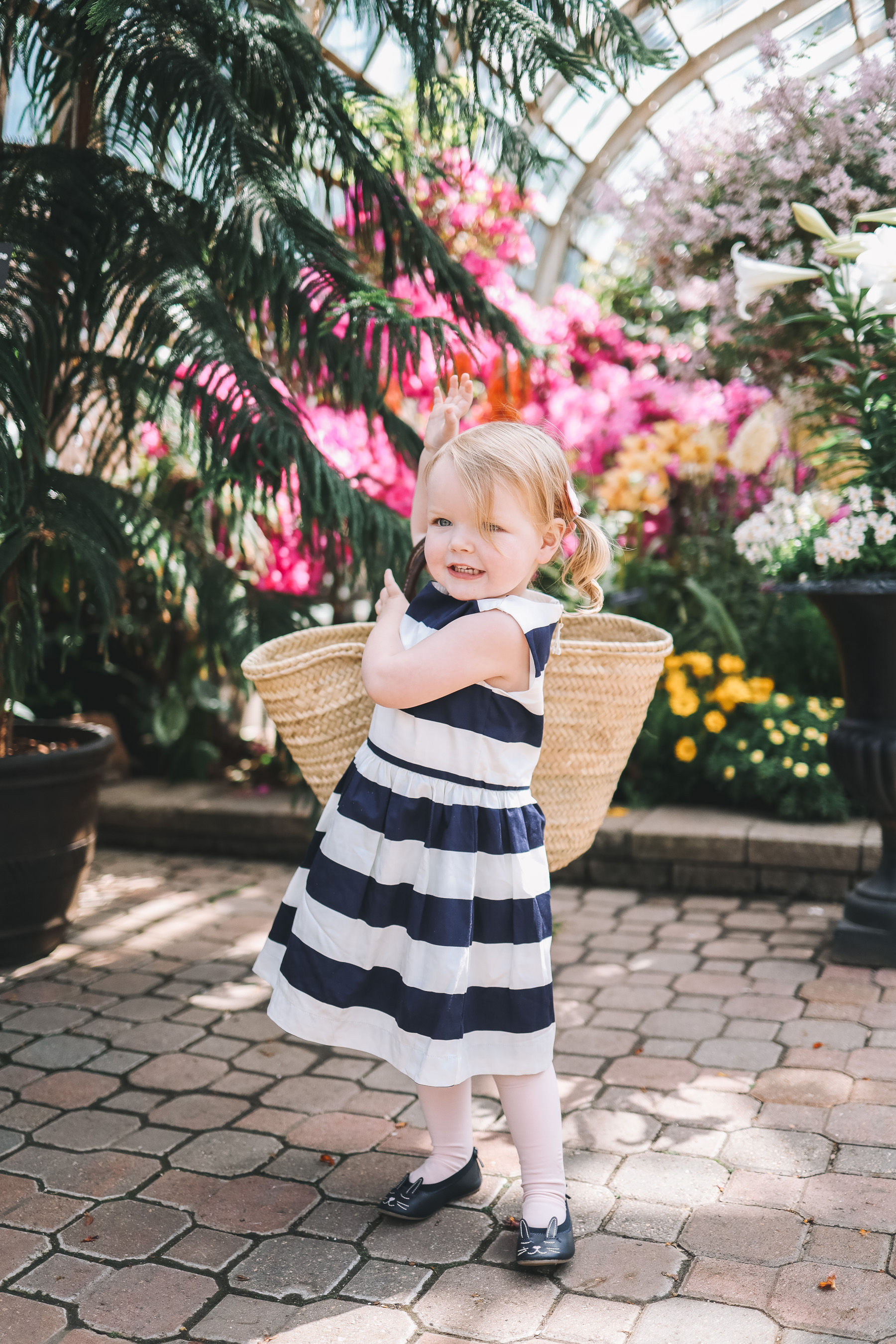 Emma's outfit: J.Crew Factory Navy Striped Dress / Mark & Graham Hand-Painted Straw Tote / Newer Gap Bunny Flats