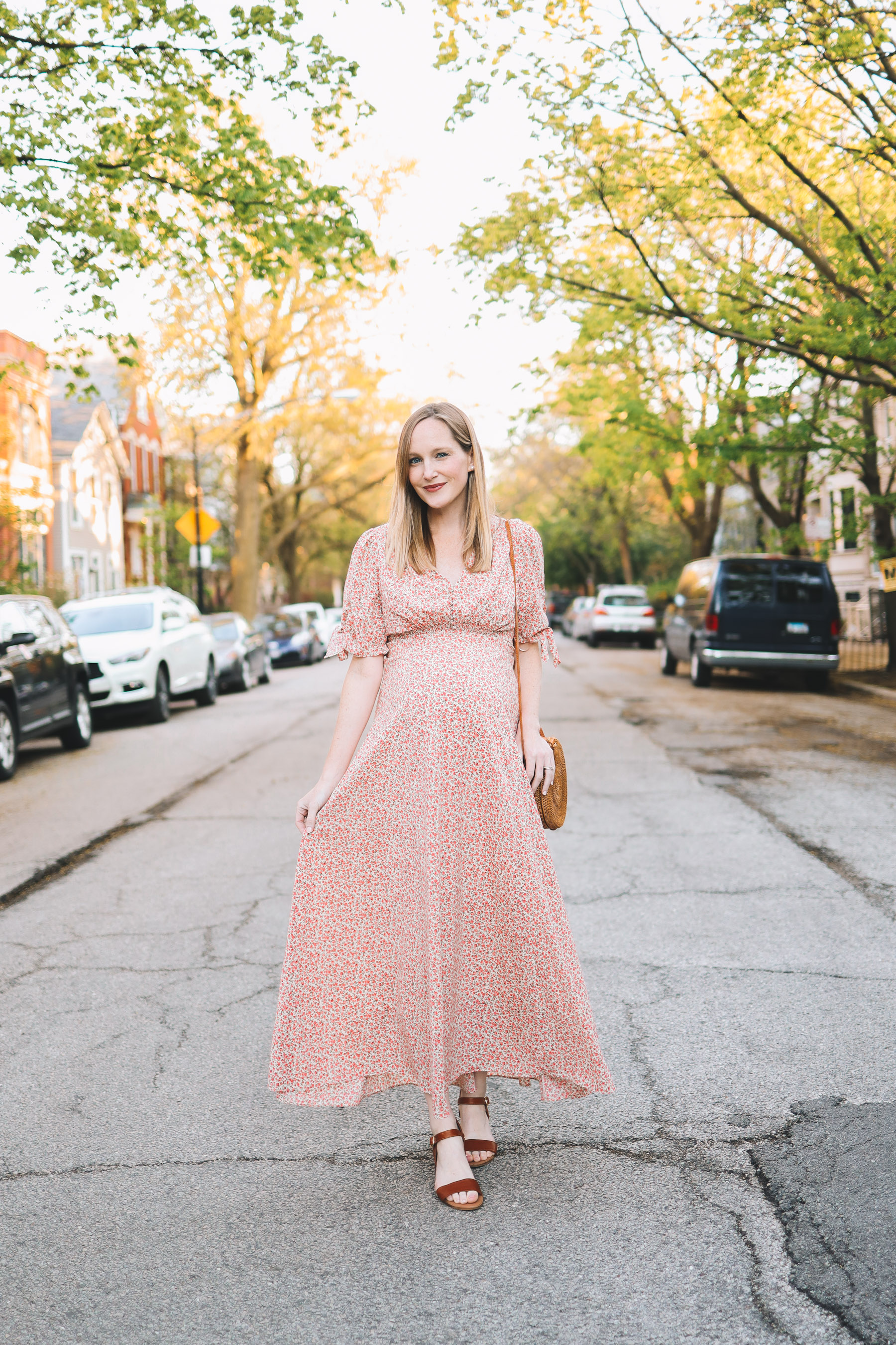 Kelly Larkin's outfit details: Steve Madden April Sandals, the softest sandals, Gal Meets Glam Dress, Woven Round Bag 