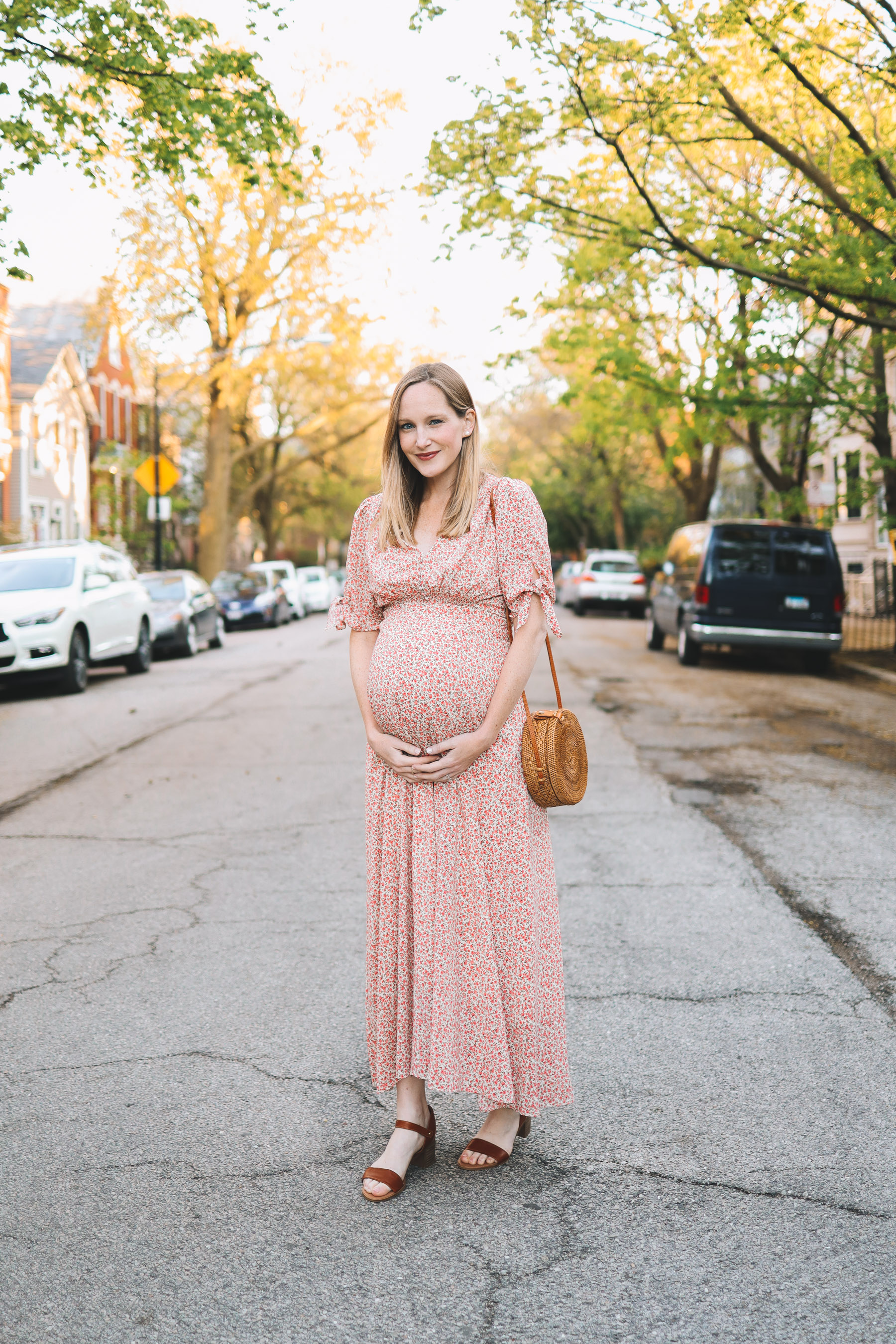 Kelly Larkin's outfit details: Steve Madden April Sandals, the softest sandals, Gal Meets Glam Dress, Woven Round Bag 