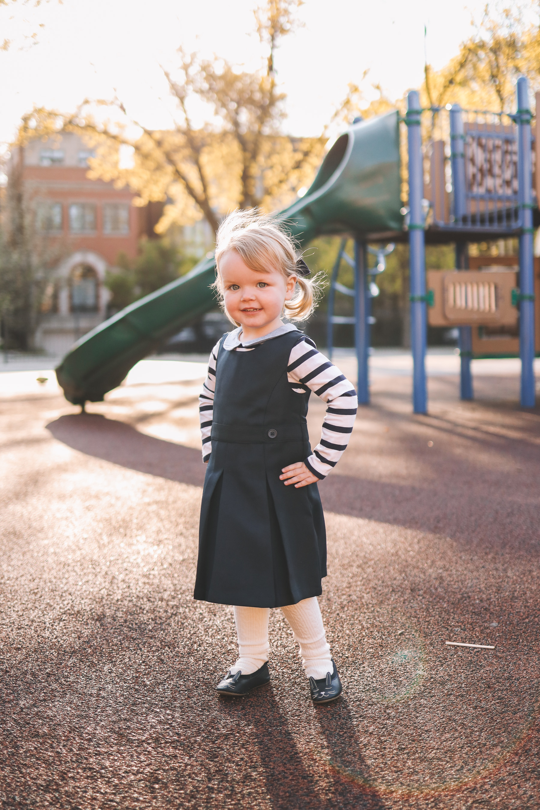 Outfit details: Emma's Bunny Shoes, Navy Jumper, Tights and Peter Pan Shirt  