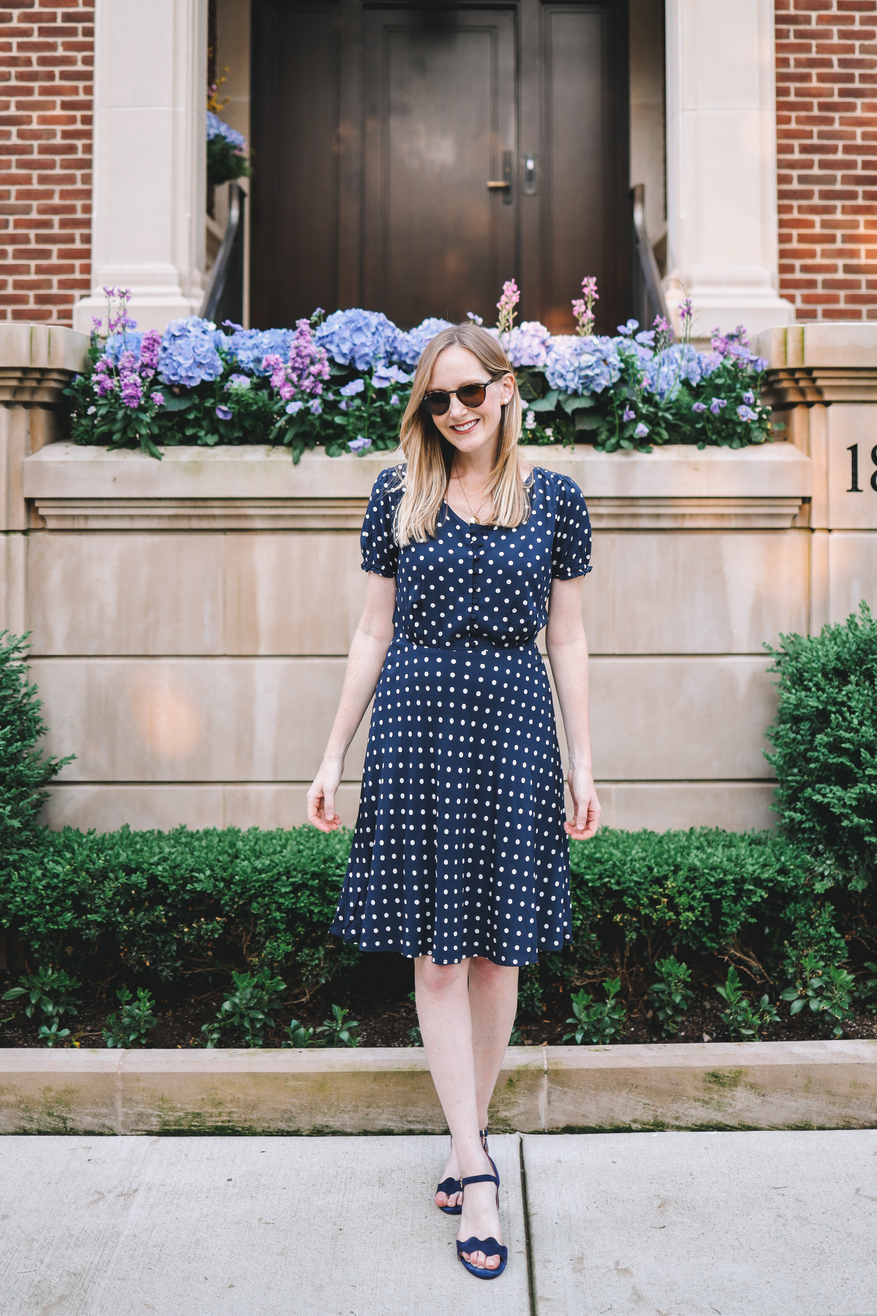 navy polka dot dress