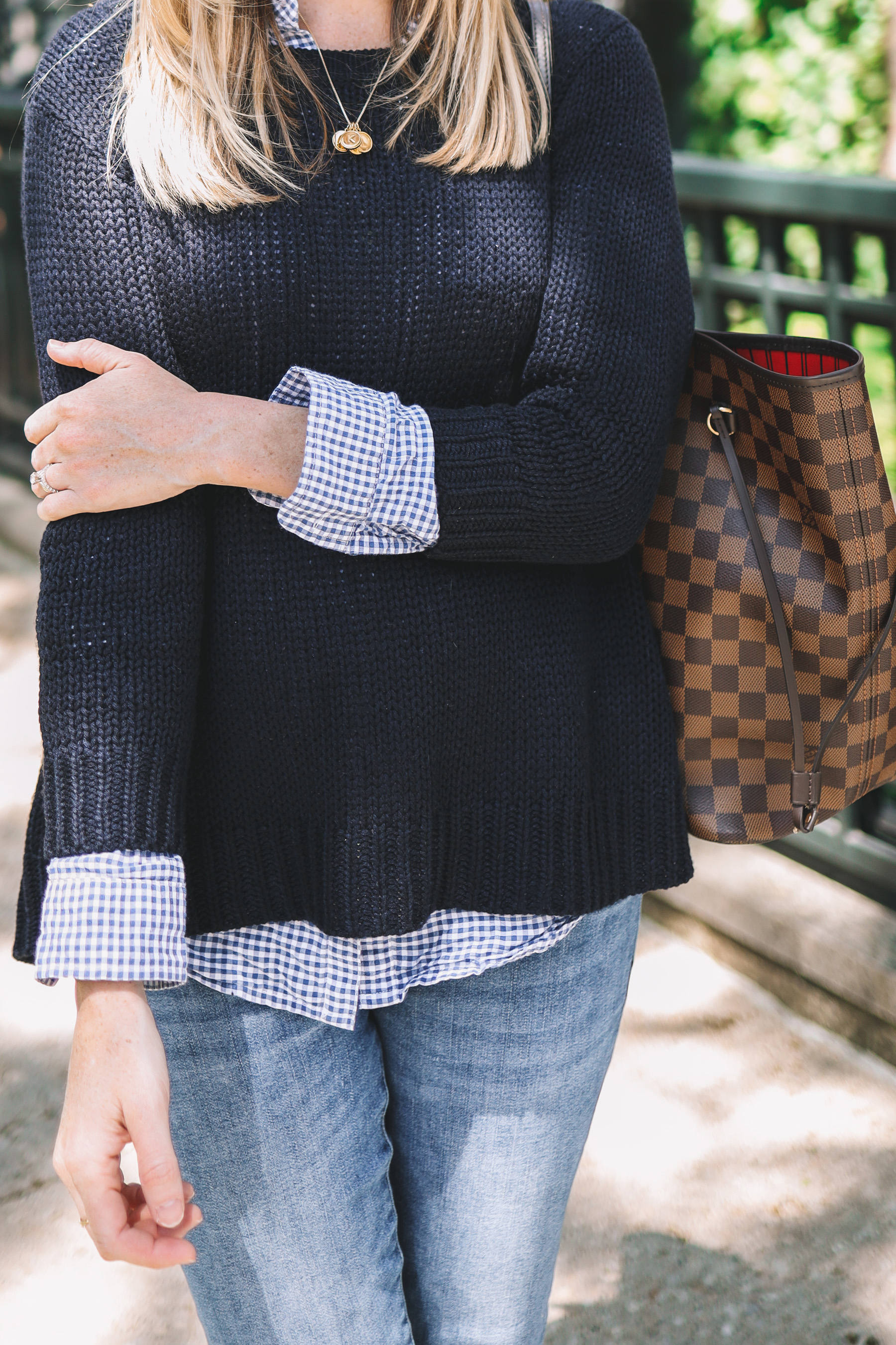 Kely's outfit details: Maternity Jeans / Tuckernuck Bow Sweater / J.McLaughlin Gingham Button-Down / Louis Vuitton Neverfull GM 