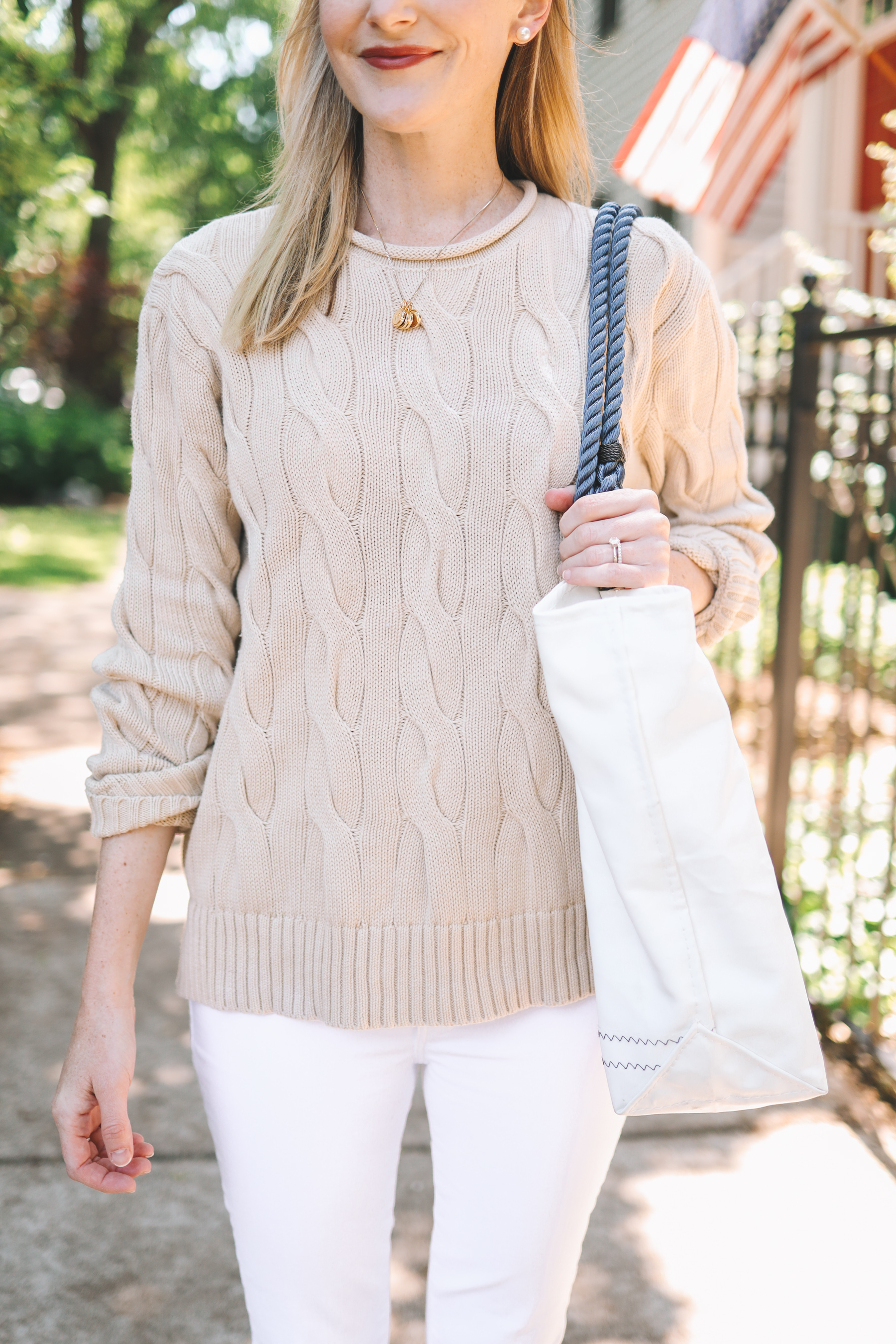 Ralph Lauren Boxy Cable Knit Sweater / Maternity Jeans / Stamped Initial Necklace 