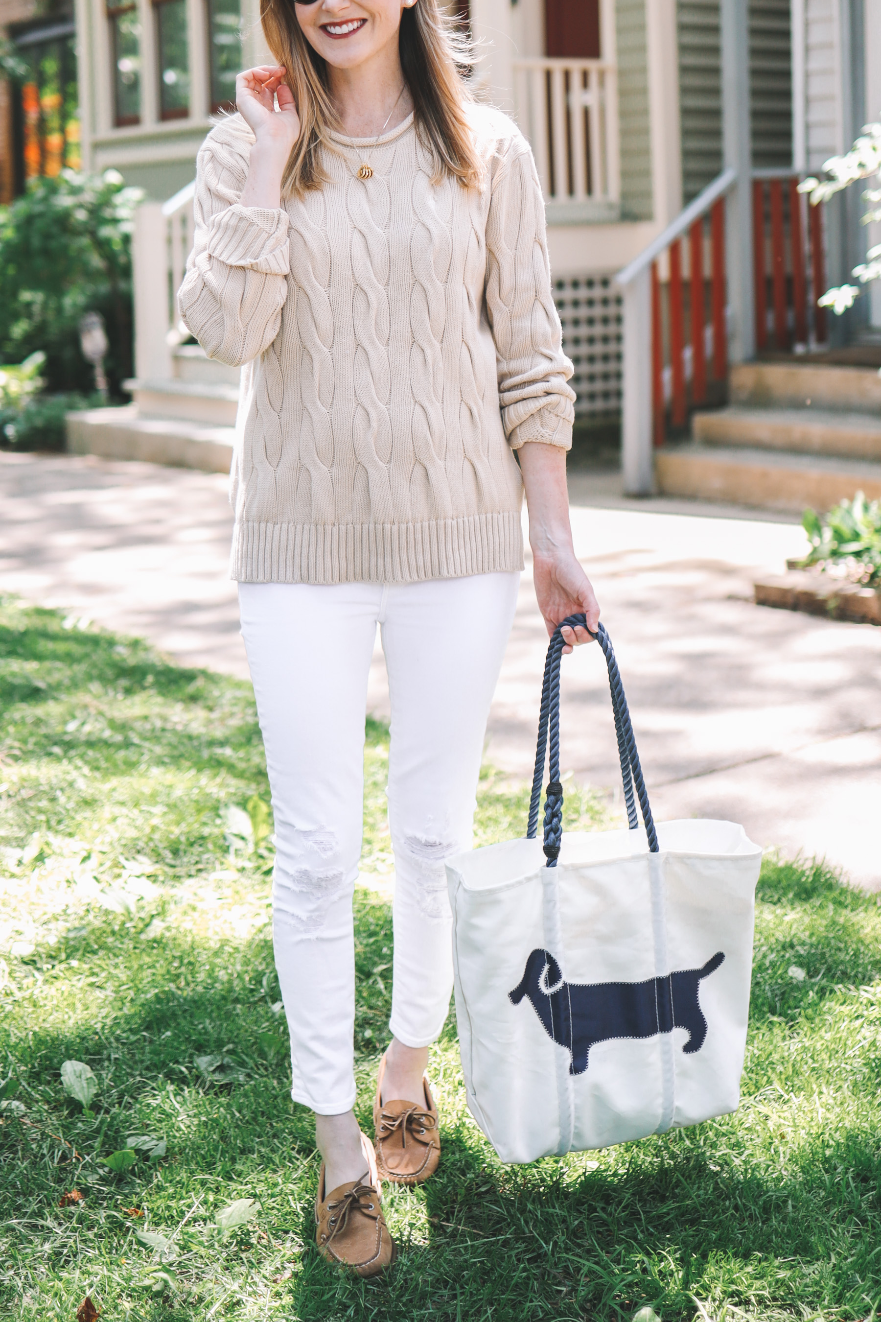 Outfit details: Dachshund Tote Bag - Sea Bags / Ralph Lauren Boxy Cable Knit Sweater / Sperry Topsiders / Maternity Jeans / Stamped Initial Necklace 