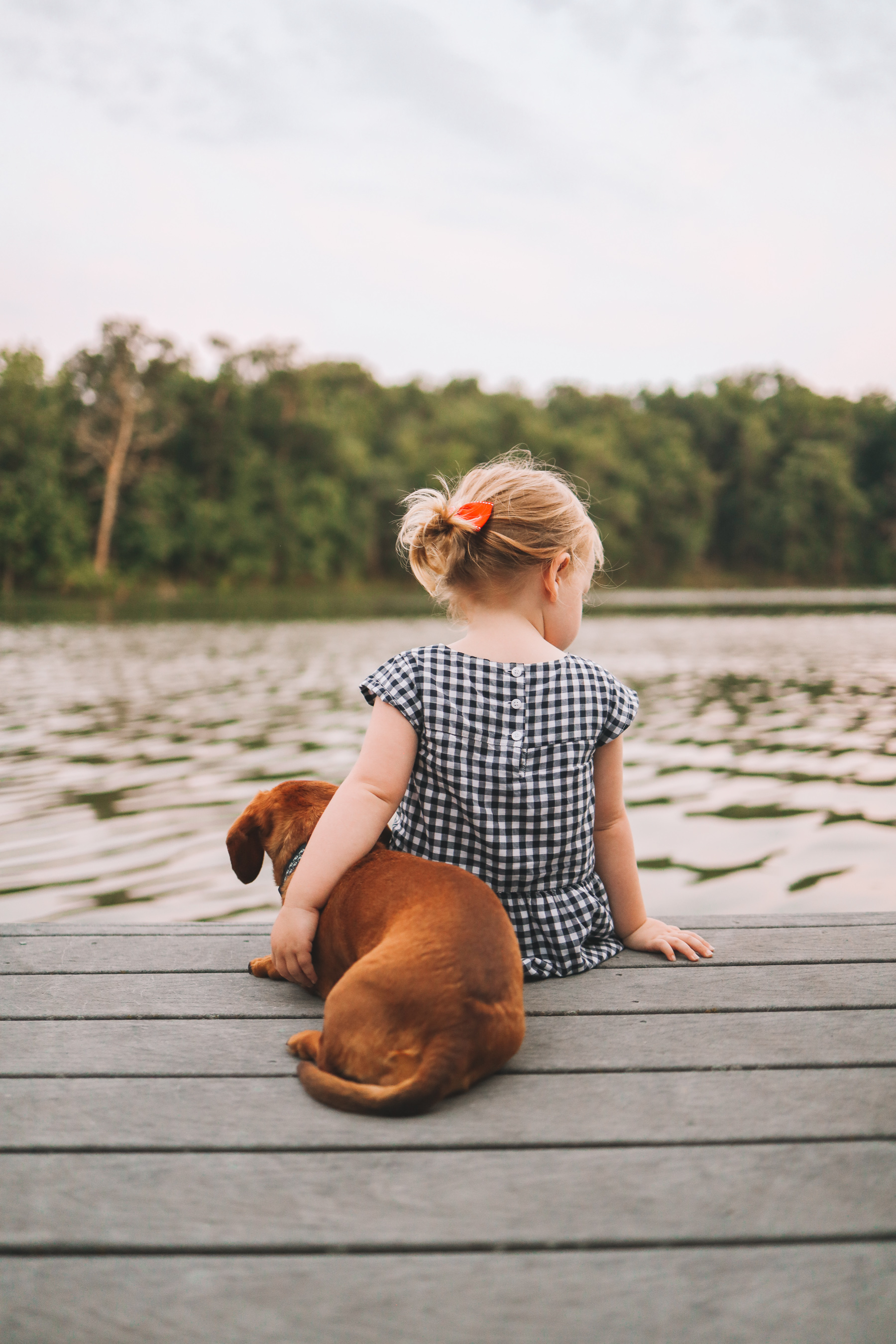 a girl and a dog and noodle on the go