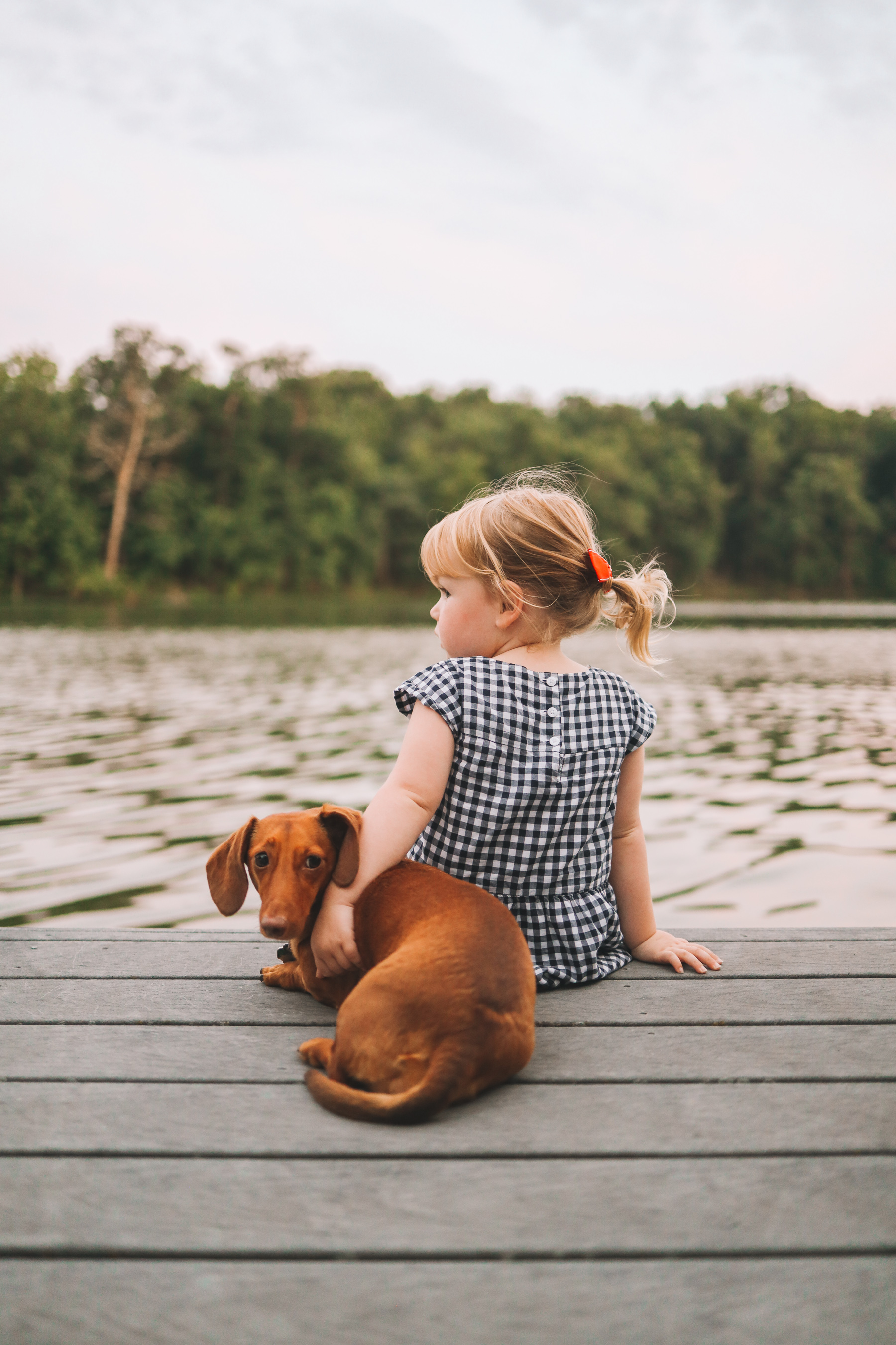 a dog and a girl and a lake