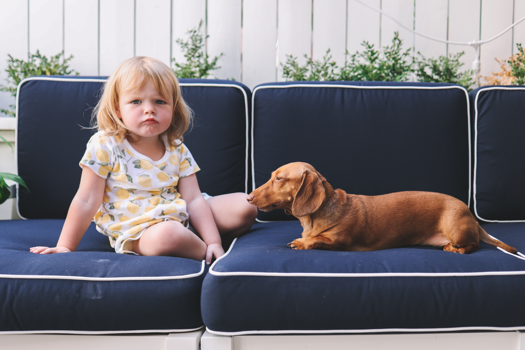 a girl and a dog on a sofa