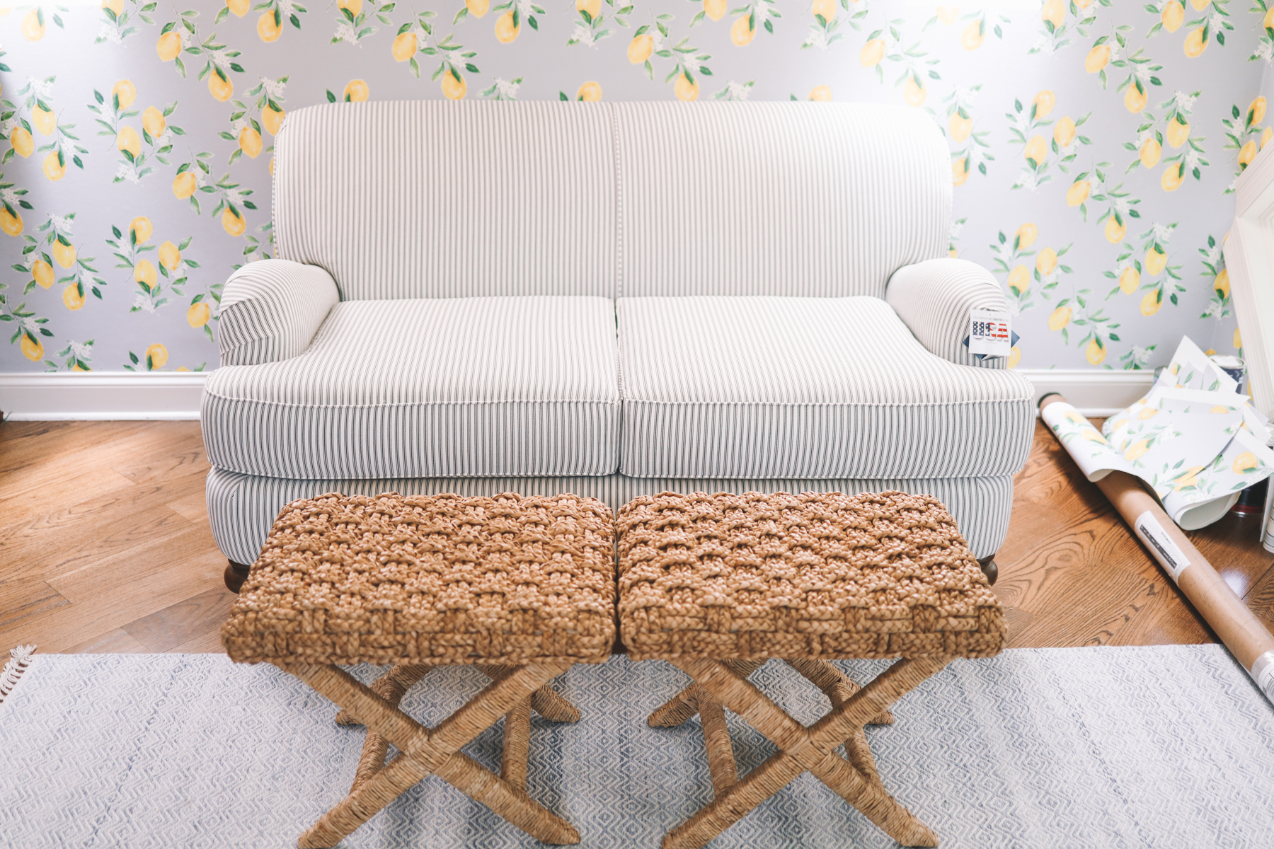 A shot of the custom striped loveseat for under $600