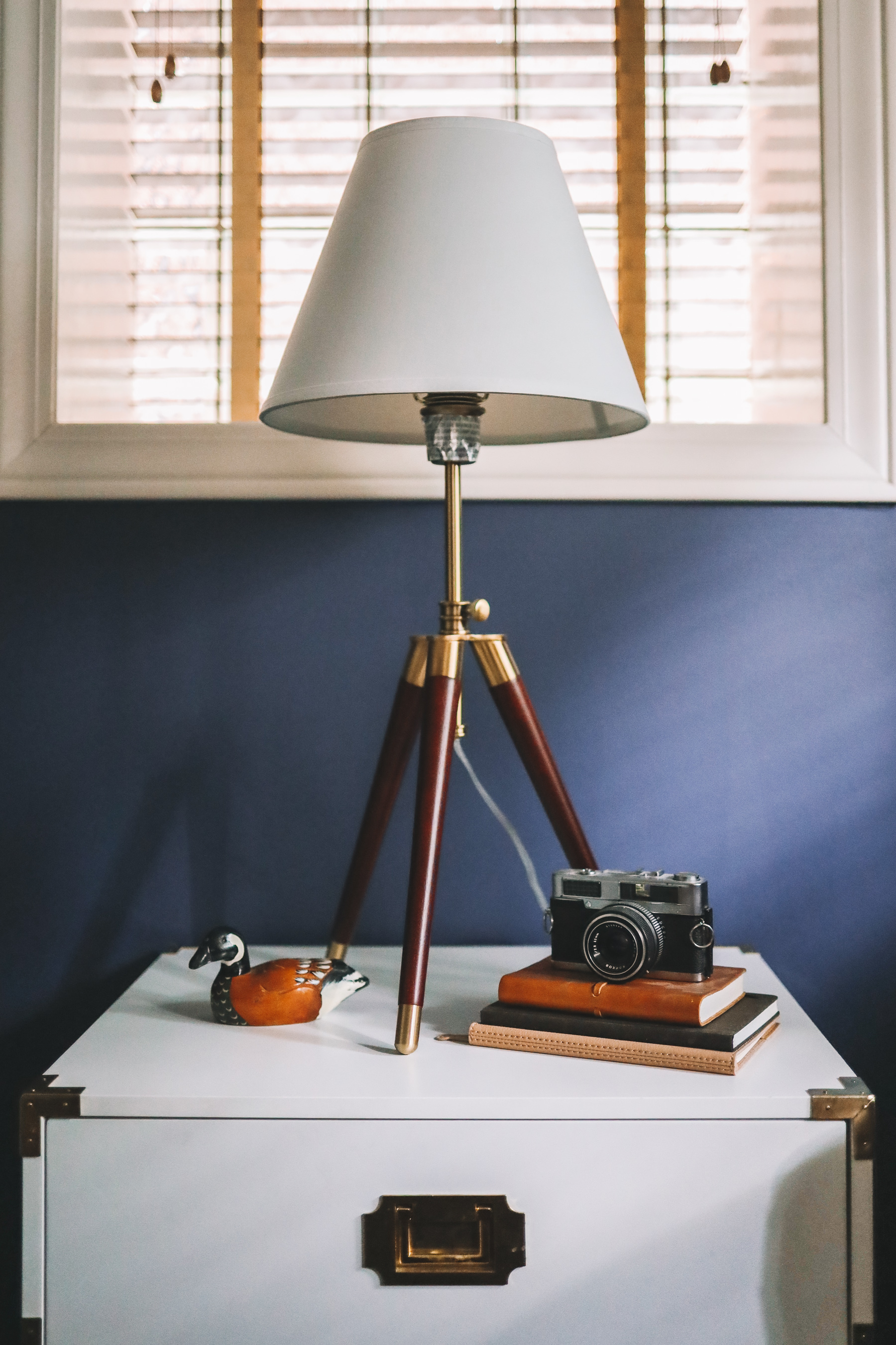 navy office and a lamp and a window