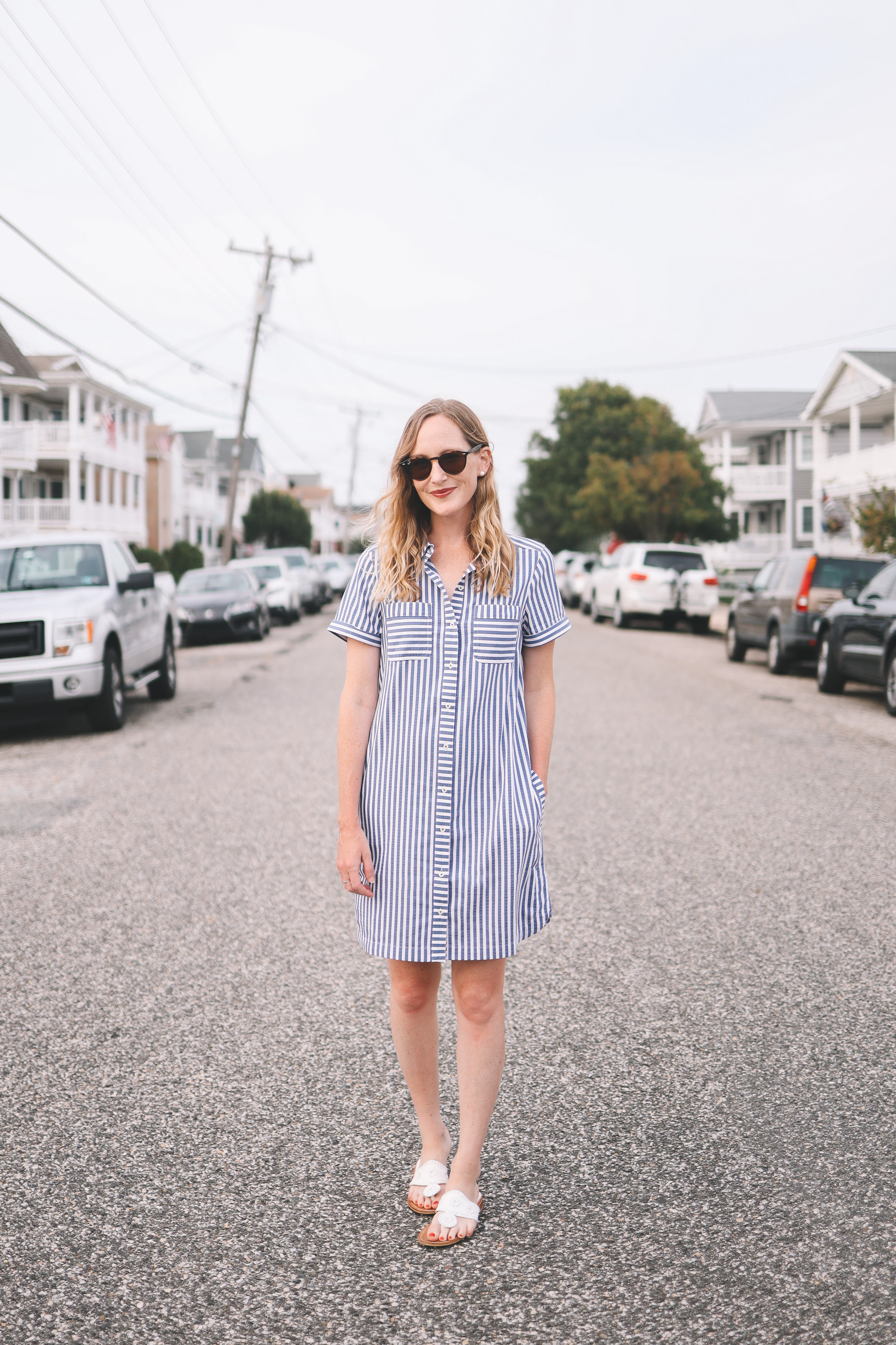 kelly in a seesucker shirt dress in the street