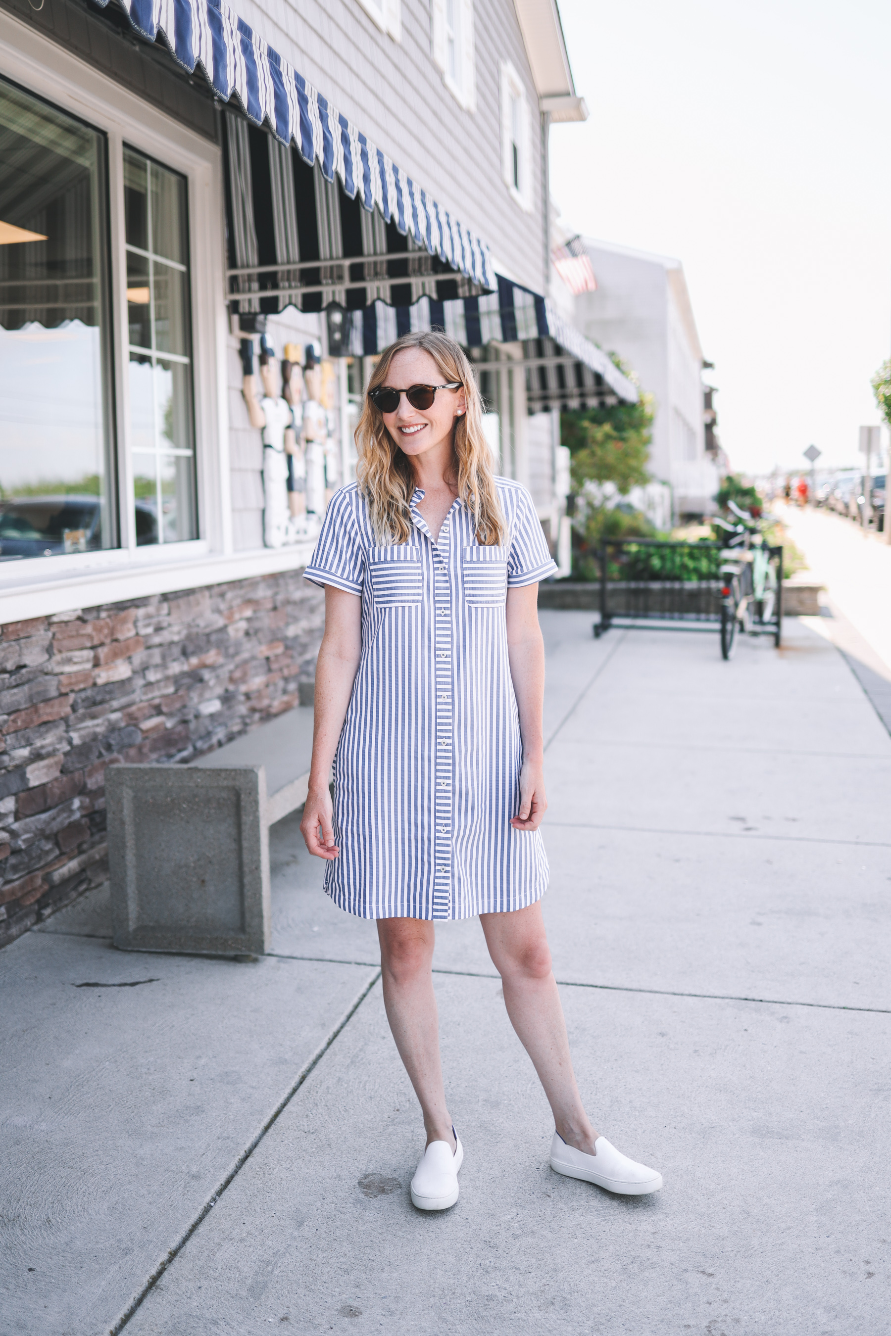 kelly in a seesucker shirt dress in the street