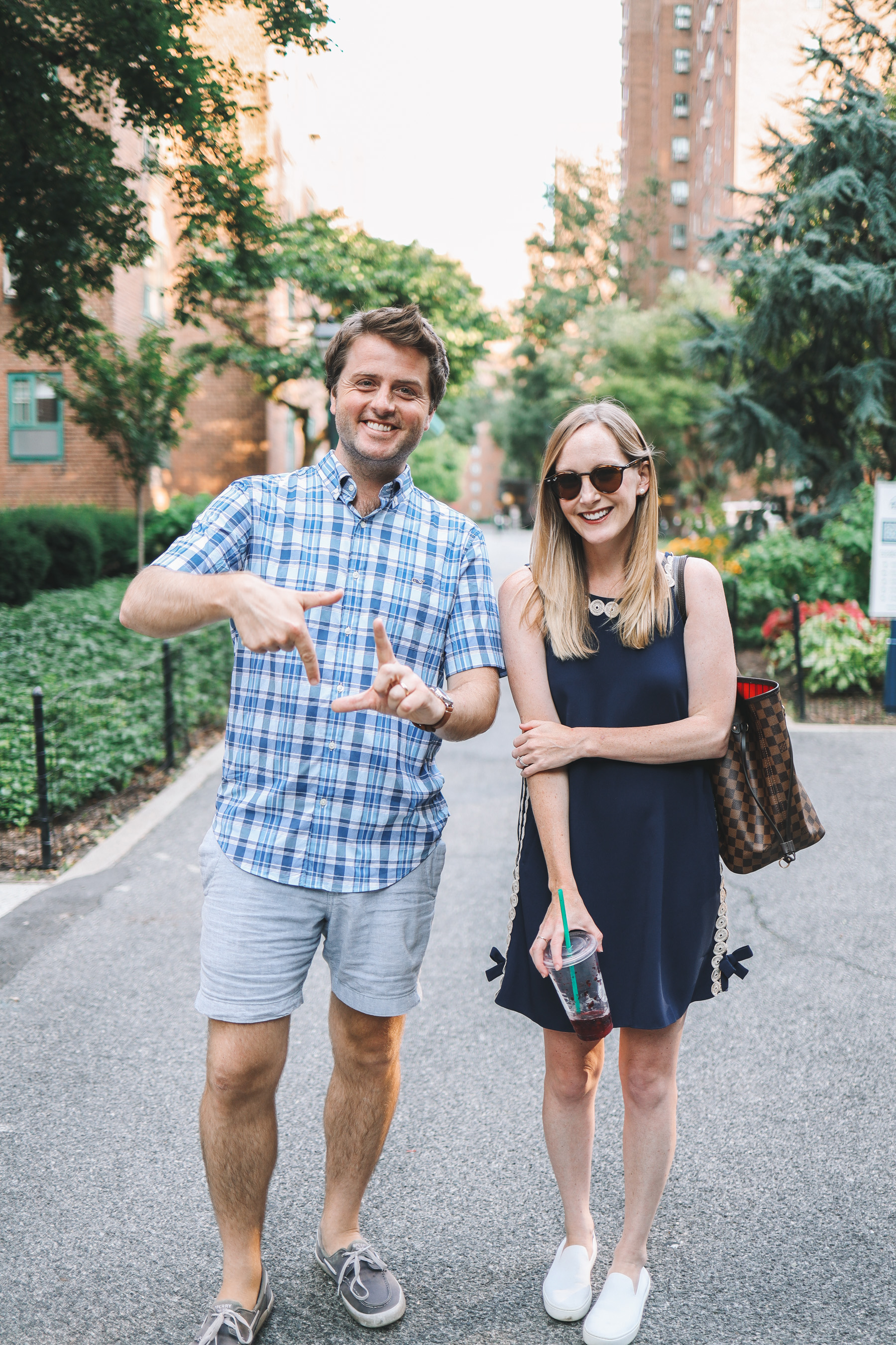 a man in a plaid shirt and a woman in a dress for Lilly Pulitzer Sale favorites