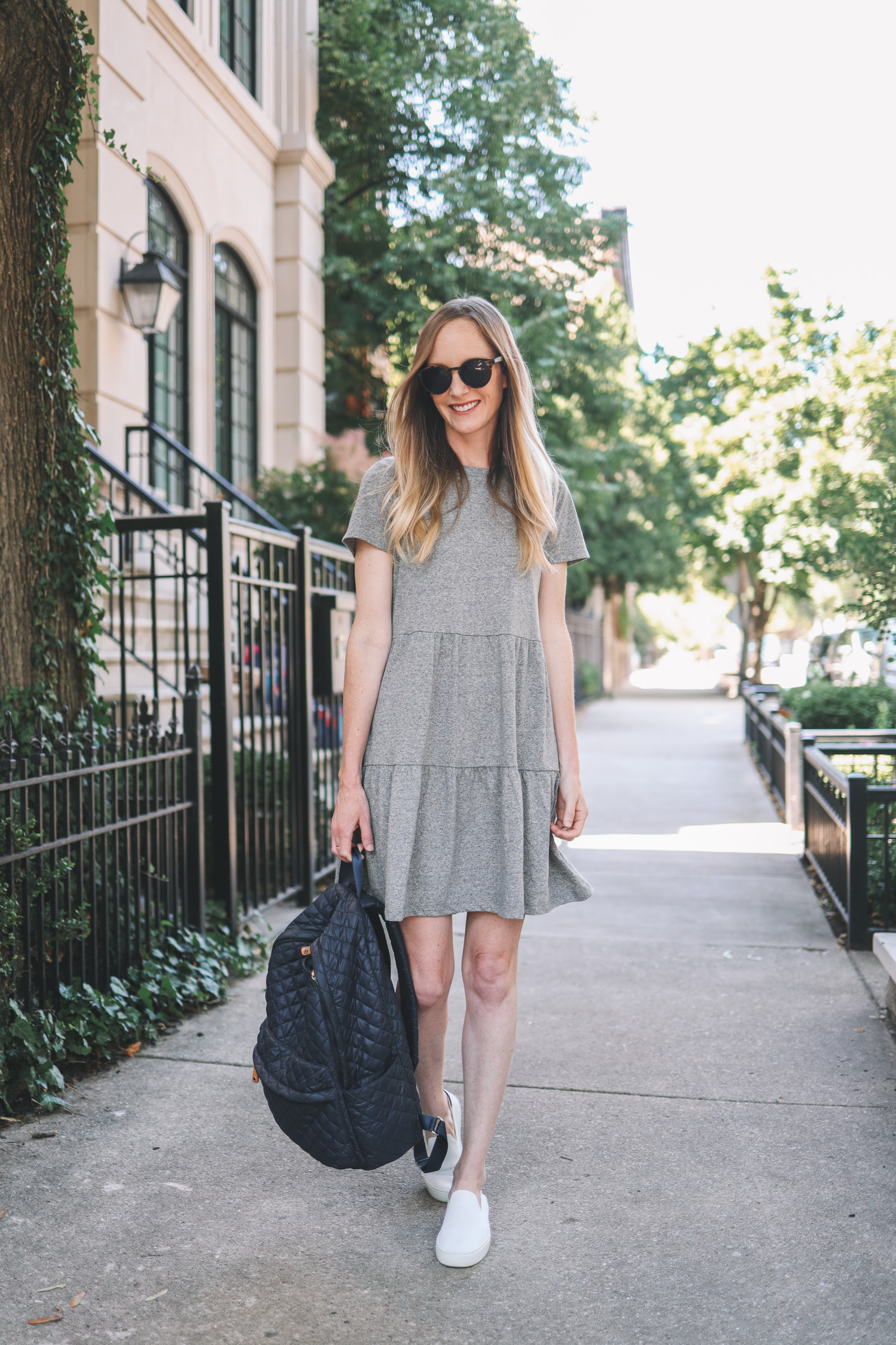 shirt dress and sneakers