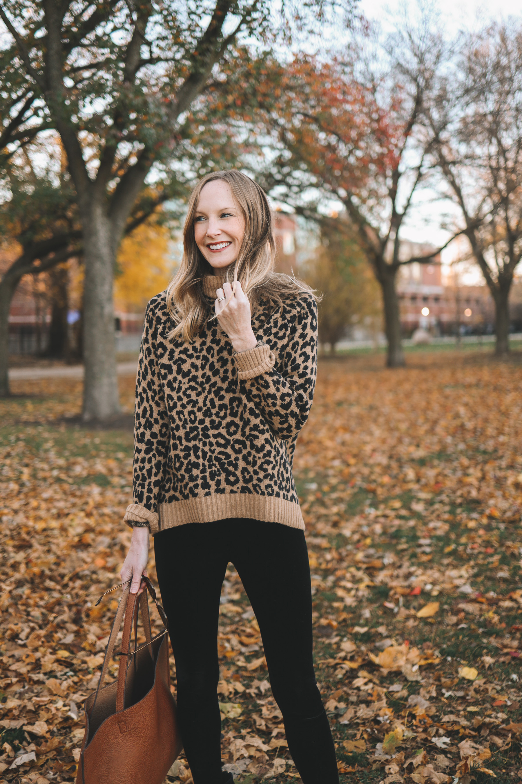 Leopard Sweater and velvet leggings outfit