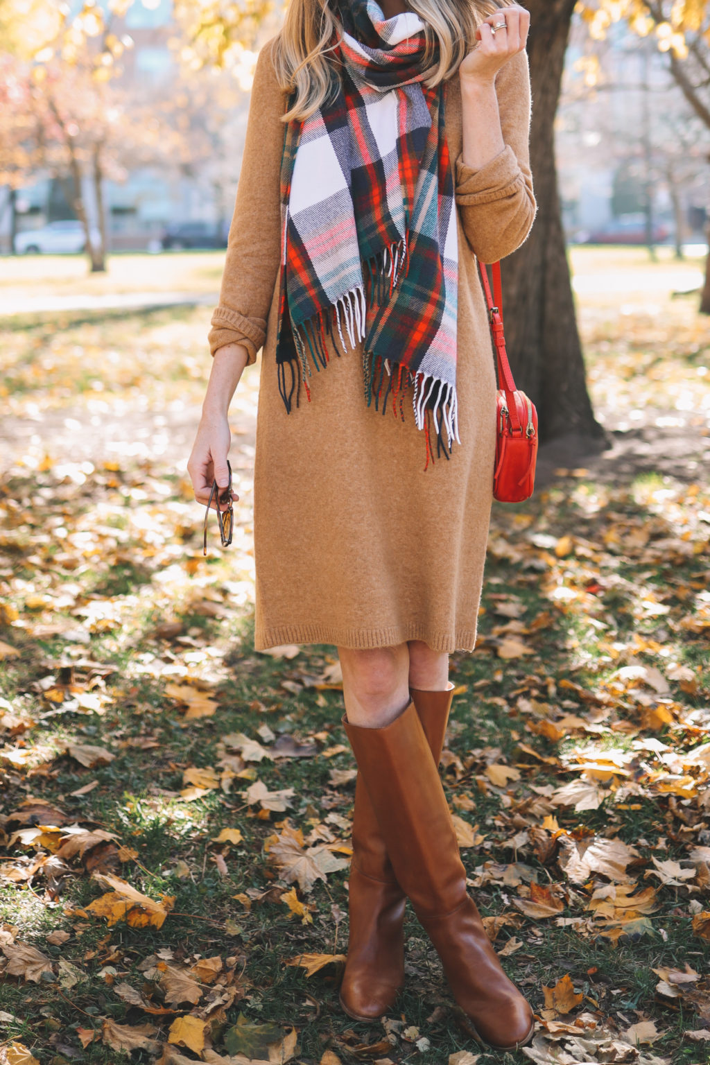 $34.50 Camel Sweater Dress + 50% Off Favorite Scarf + Riding Boots