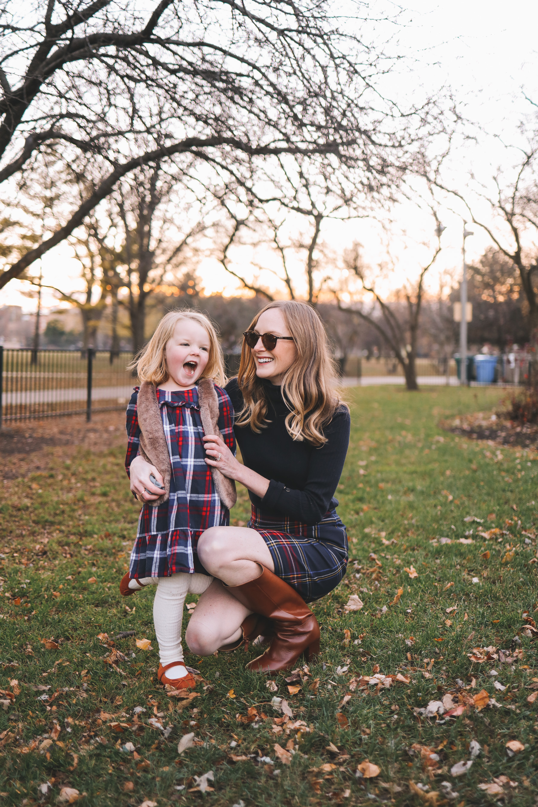 mother and daughter in tartan